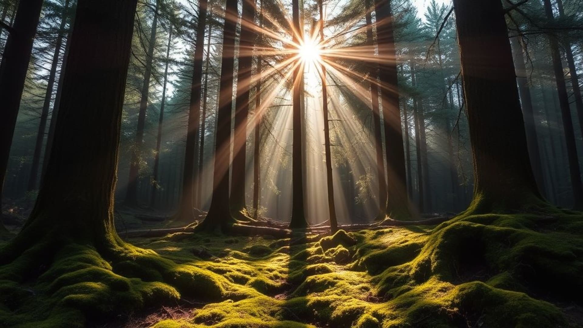Forêt verte mousse arbres rayons de soleil aventure sauvage épique esthétique cinématographique fond ecran