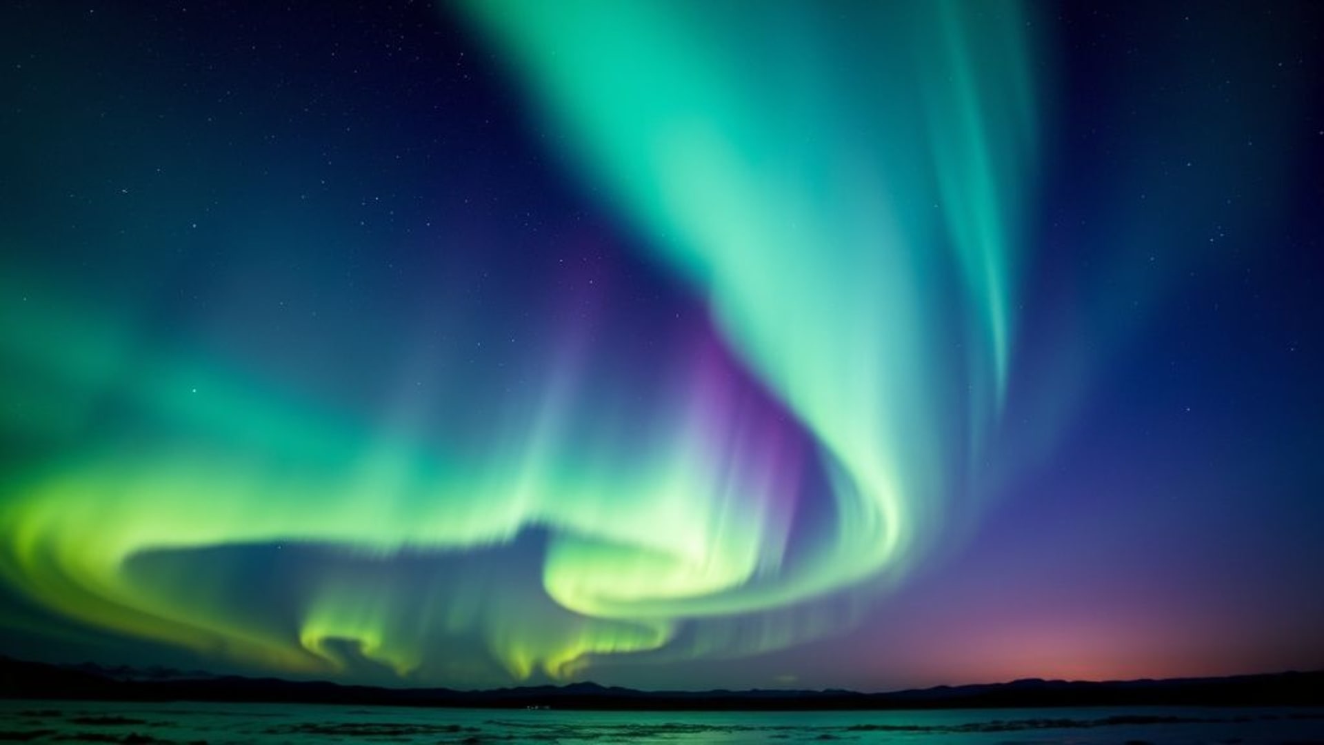 aurore boréale lumières du Nord ciel de nuit dégradé vert violet rideaux fond ecran