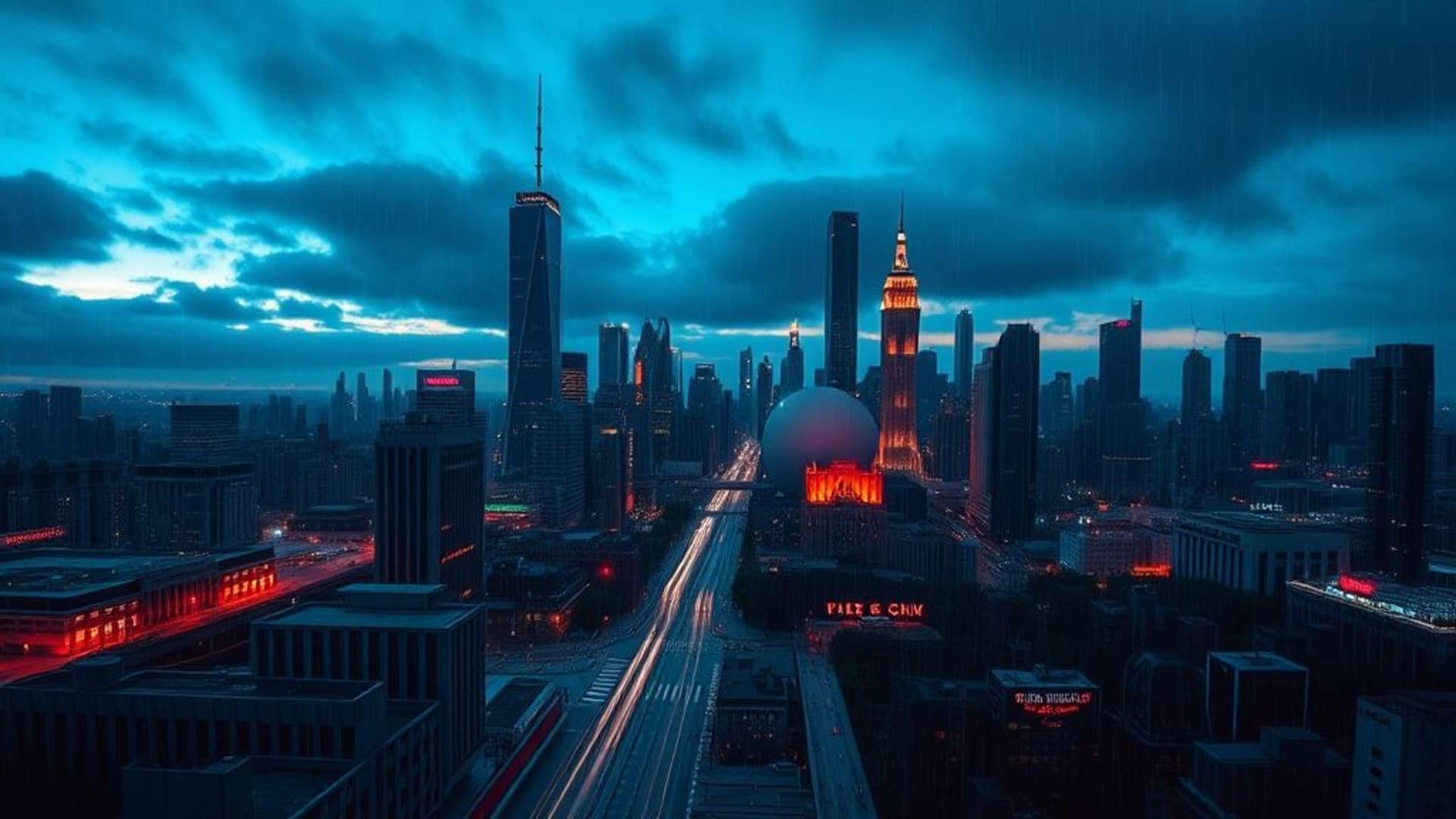 paysage urbain horizon crépuscule lumières au néon pluie réflexions cyberpunk ambiance fond d'écran