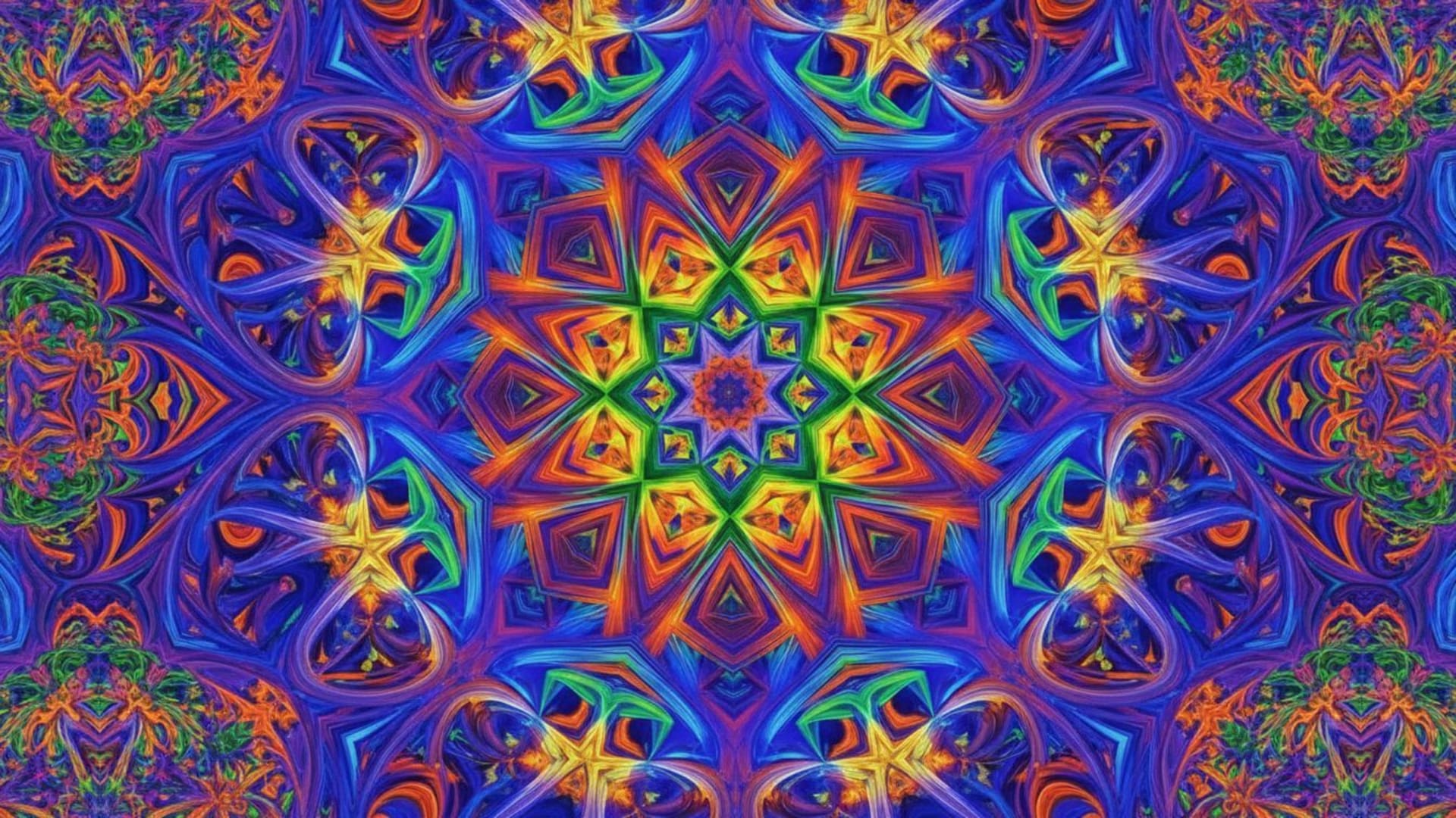 Motifs fractals, design kaléidoscope, symétrie vibrante, fond abstrait, fond ecran coloré