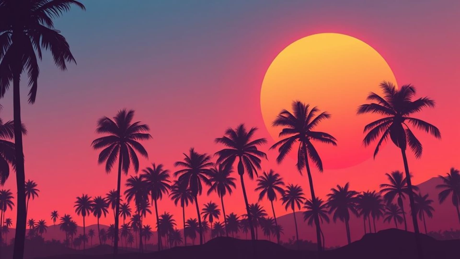 synthèse vinyl synthwave dégradé rétro futurisme palmiers coucher de soleil fond ecran années 80
