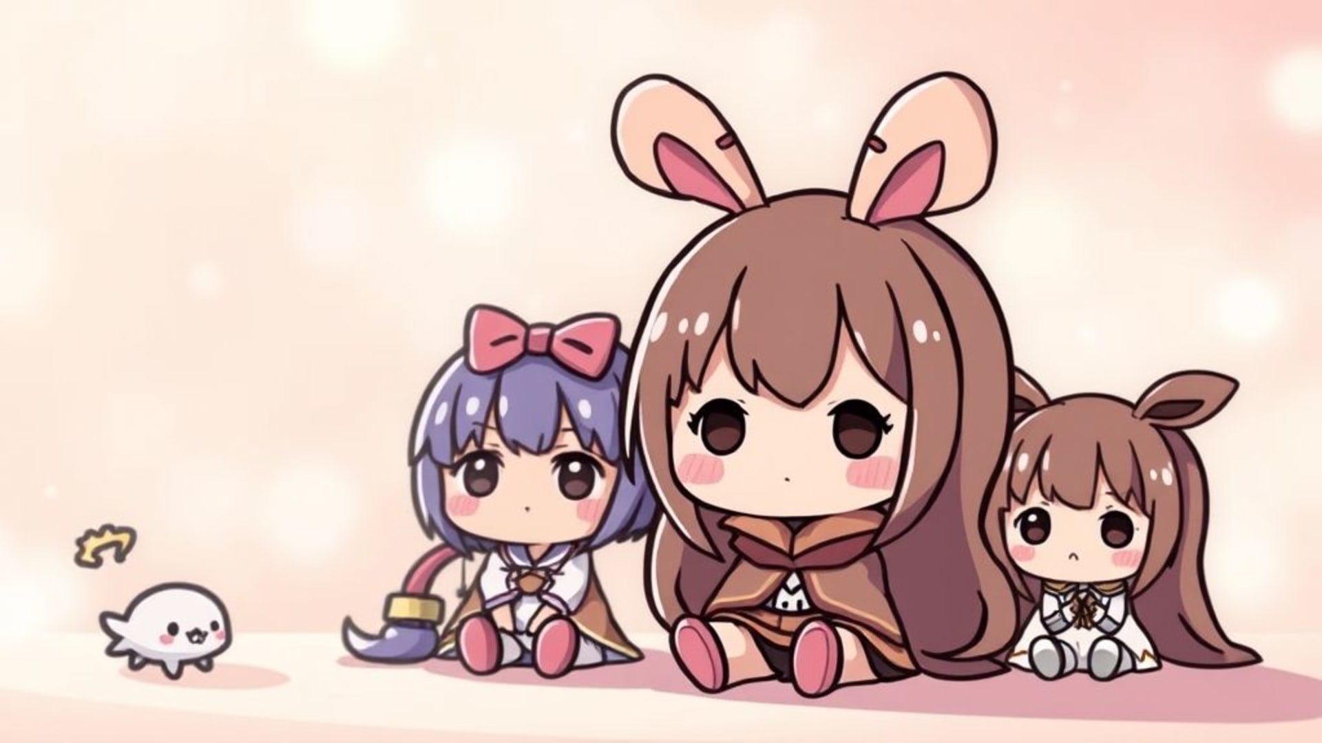 personnages chibi kawaii anime mignons fond pastel couleurs douces écran de veille rêveur lumière