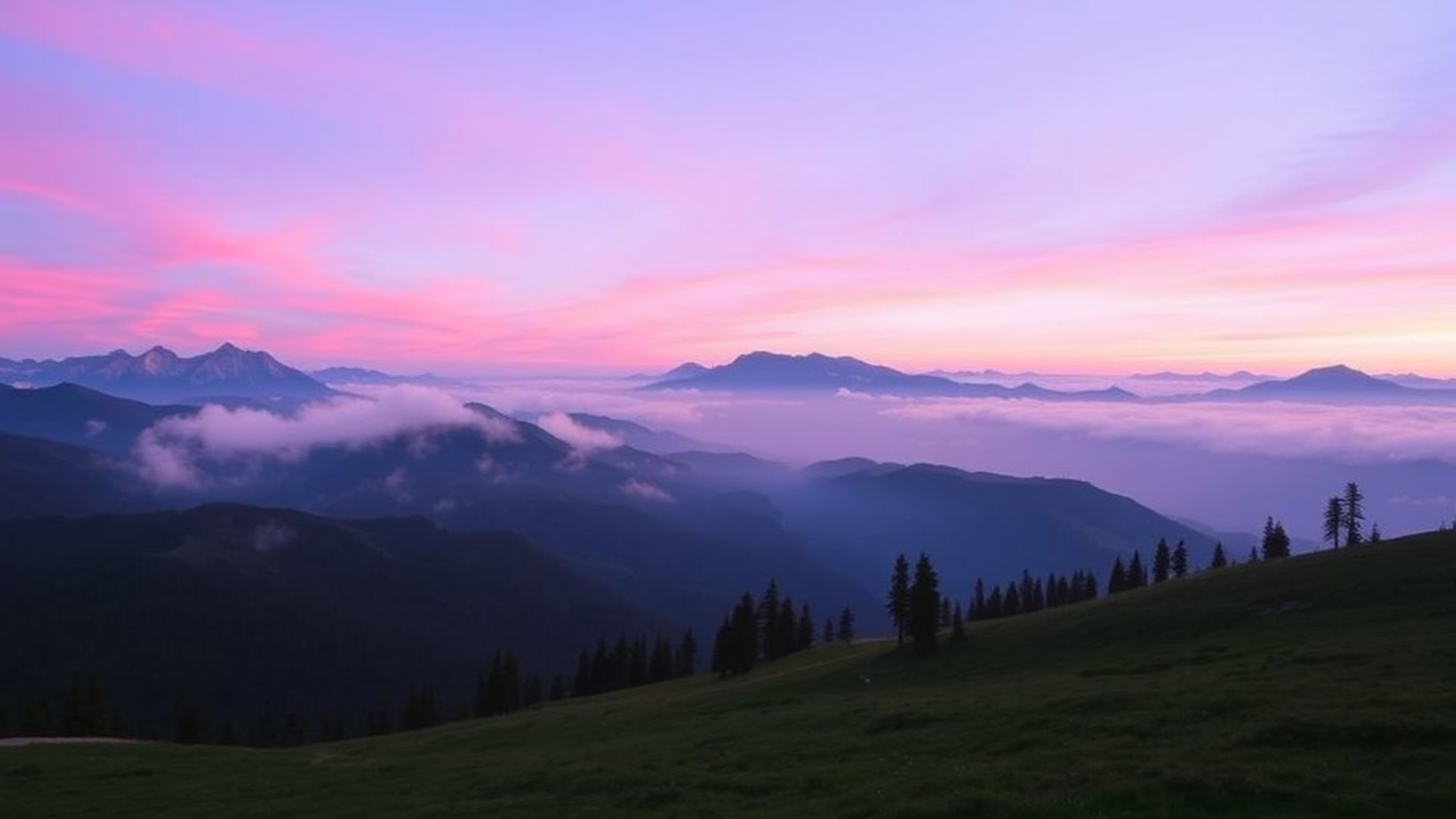 sunrise over alpine valley misty peaks purple pink sunrise wallpaper landscape