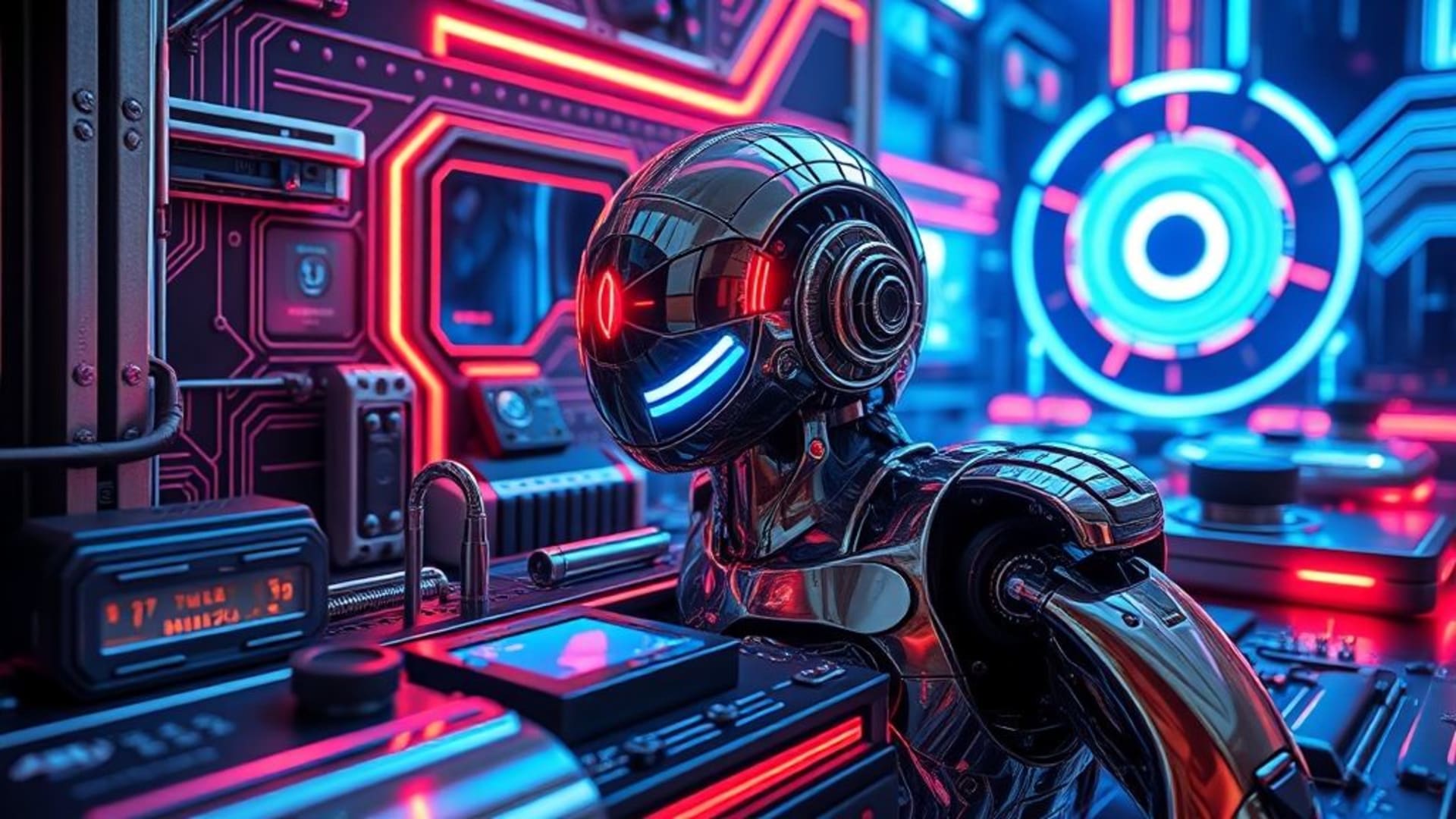 robotic futurism chrome surfaces neon blue circuitry cyberpunk wallpaper sci fi dream