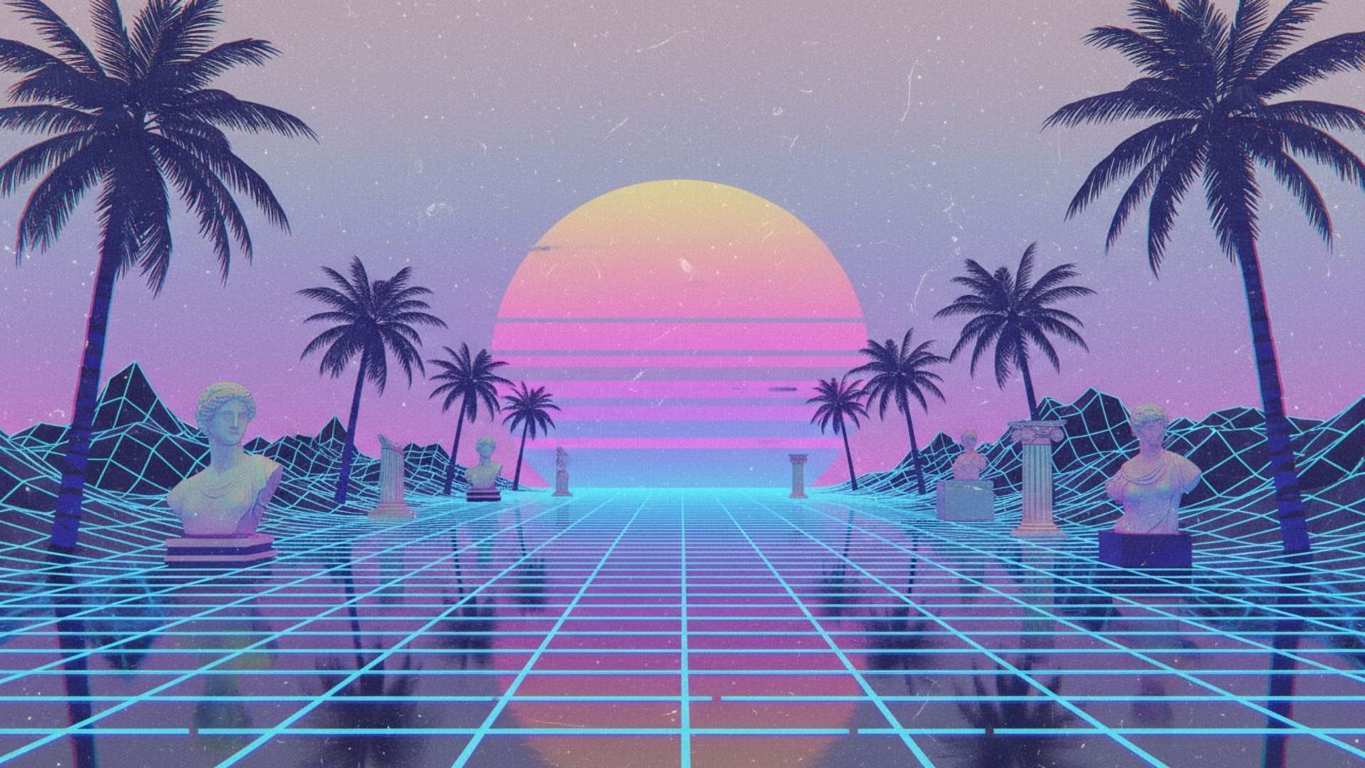 vaporwave crépuscule sur grille rétro, art pastel rose, violet et bleu, glitch esthétique, fond ecran nostalgique.