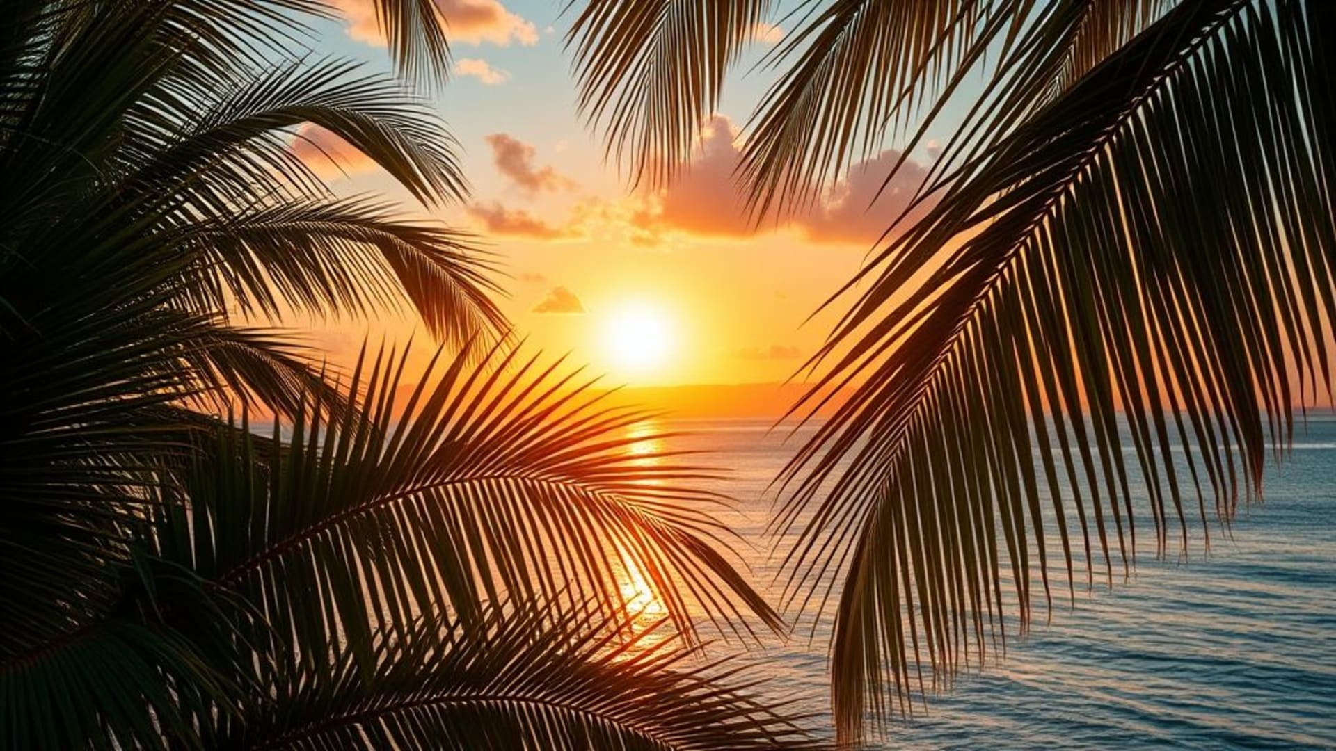 tropical island sunset palm leaves sea breeze vacation wallpaper relaxing