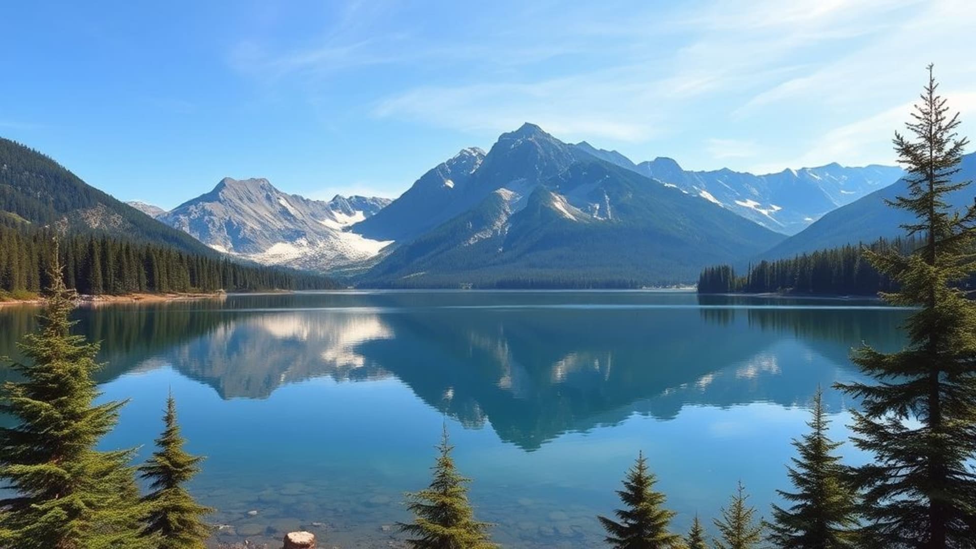 mountain lake reflection clear sky evergreen pines tranquil wallpaper zen