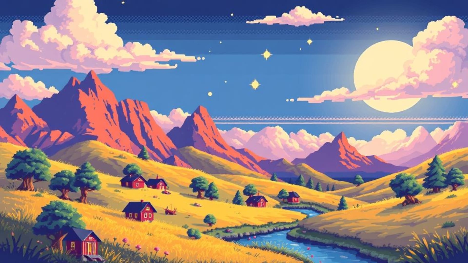 pixel art retro video game landscape vibrant colors nostalgic wallpaper