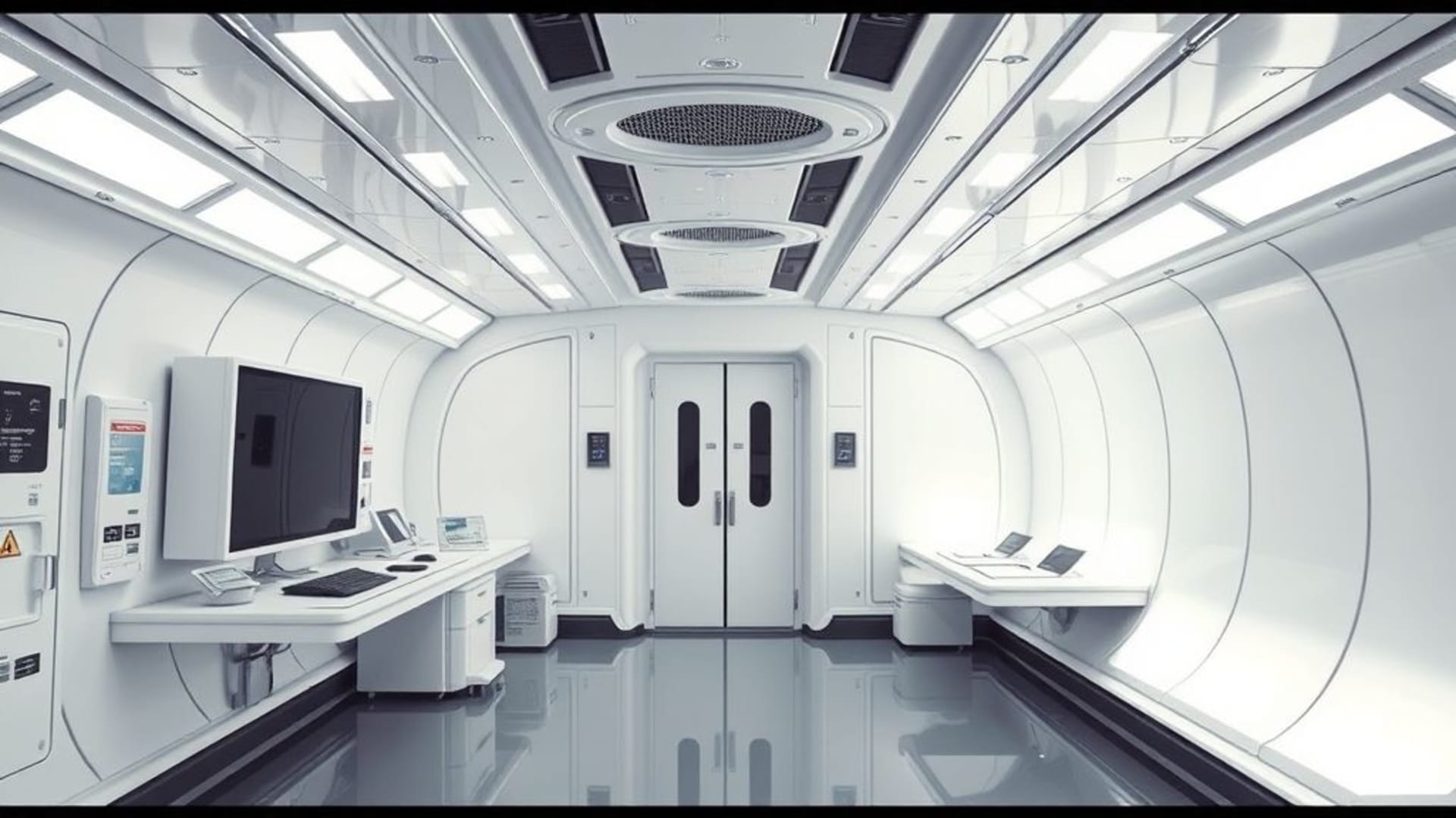 space station interior futuristic design clean white minimal wallpaper sterile