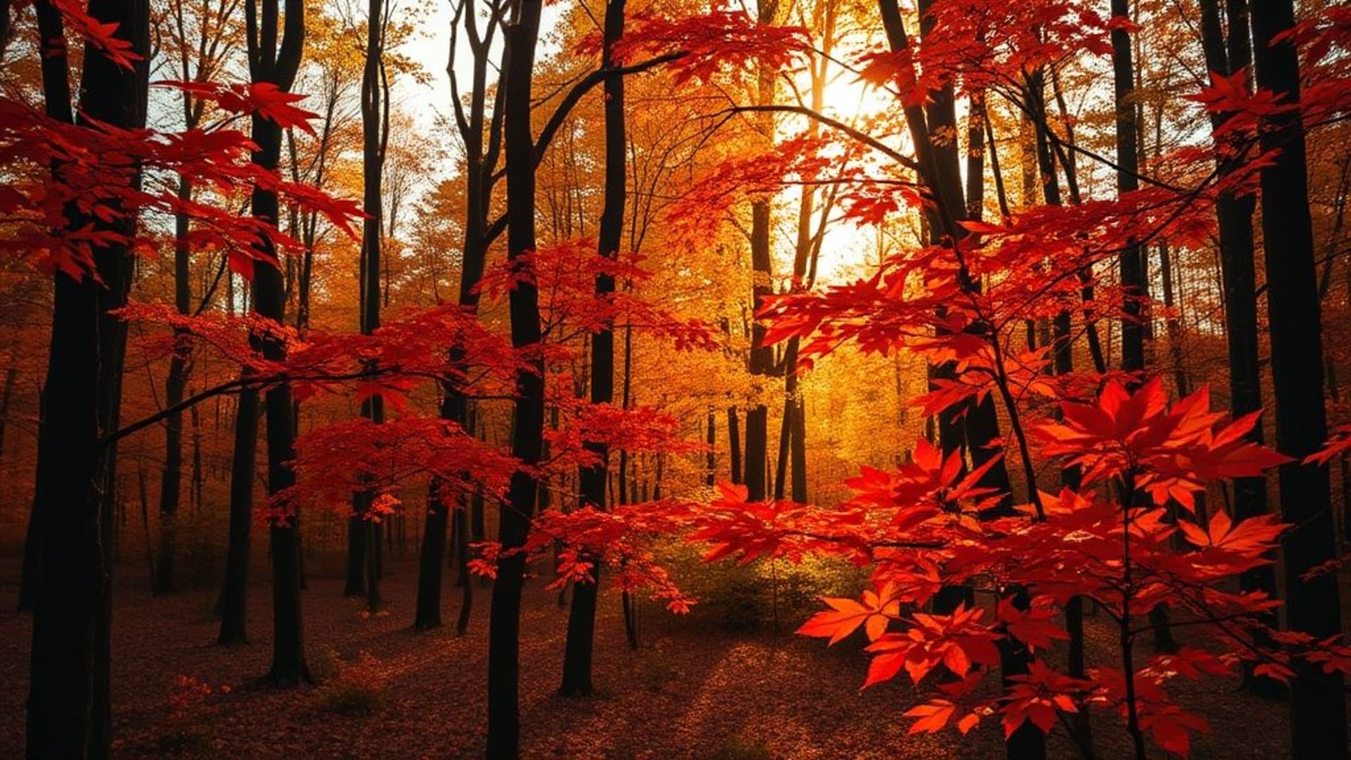 autumn forest leaves amber orange red golden sunlight cozy wallpaper