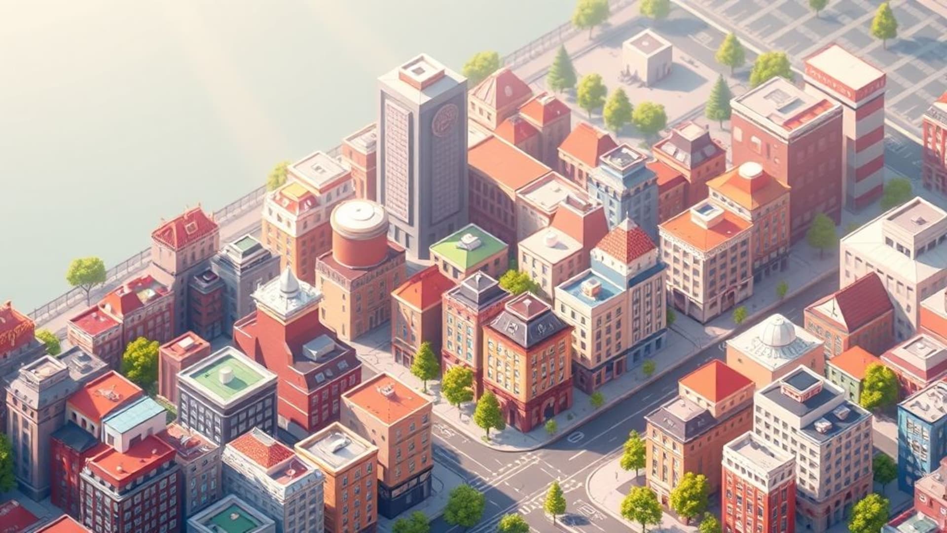 isometric city blocks colorful streets weekday morning wallpaper sunlight architecture vivid grid