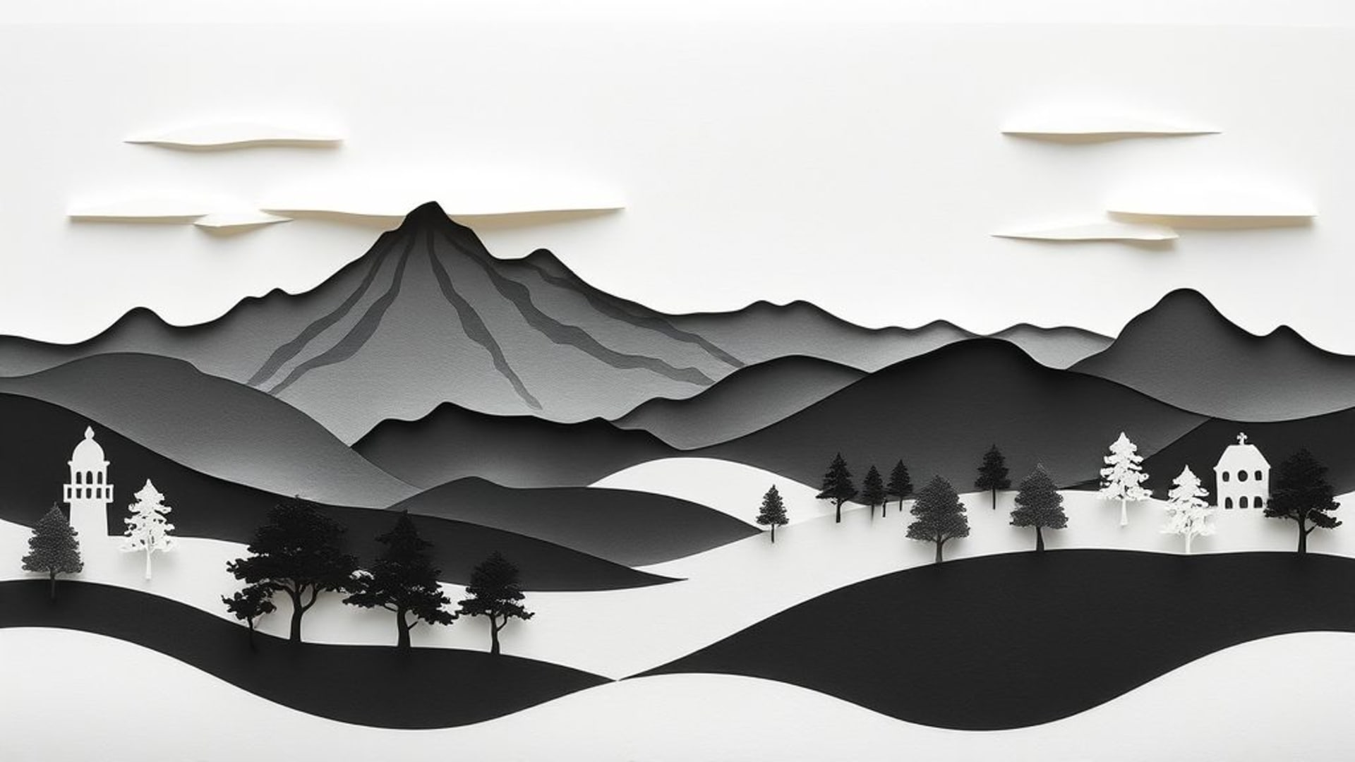 paper cut silhouette landscape layered paper art monochrome wallpaper craft