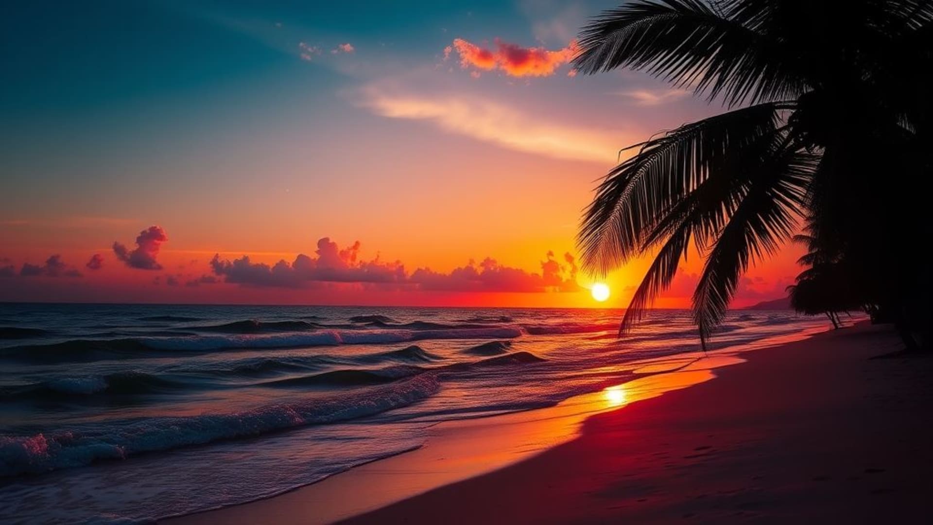 sunset beach tropical ocean waves palm silhouette vibrant warm colors wallpaper 4k