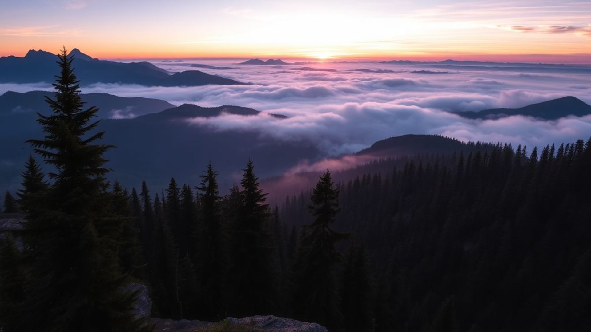 mountain landscape sunrise fog valleys pine trees wallpaper high resolution