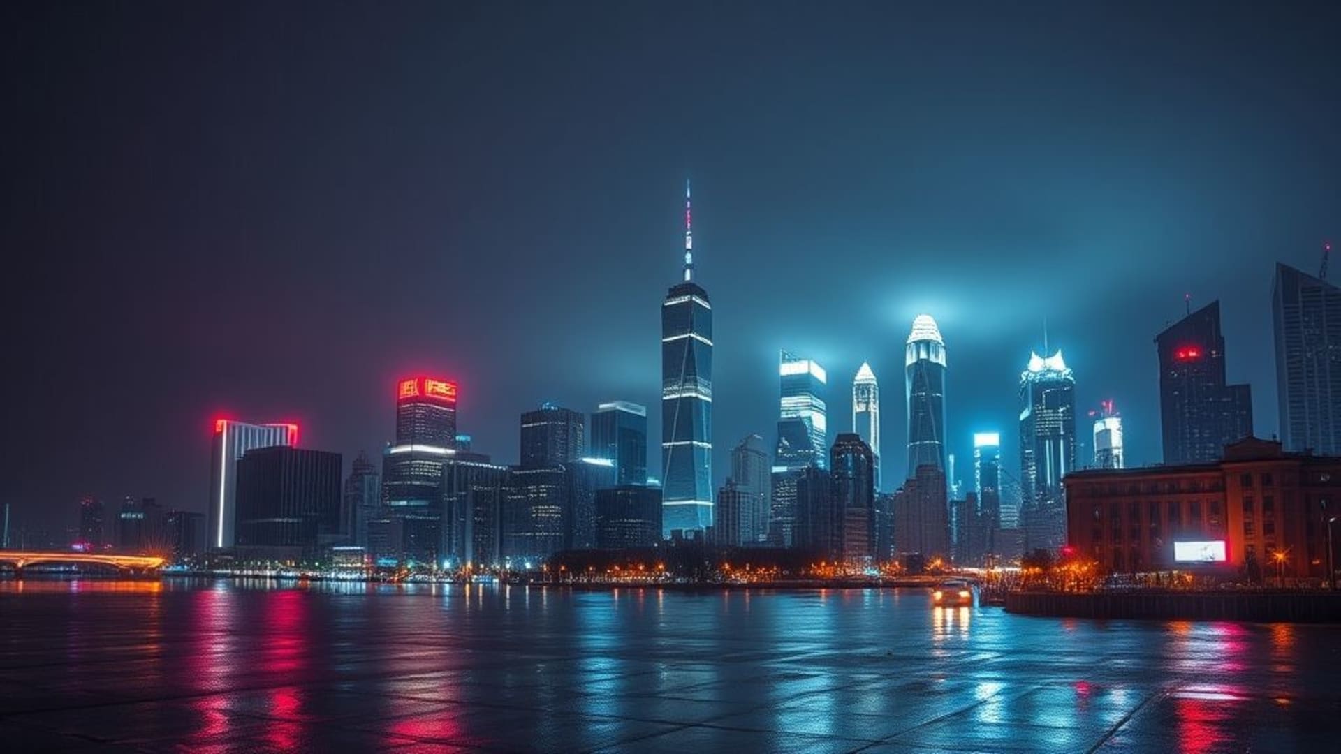 night cityscape skyline lights rain reflections neon dark urban wallpaper 4k