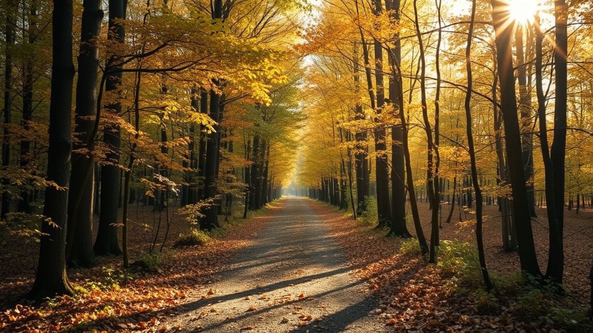 forest trail autumn leaves sunlight rays cinematic wallpaper natural warm cozy