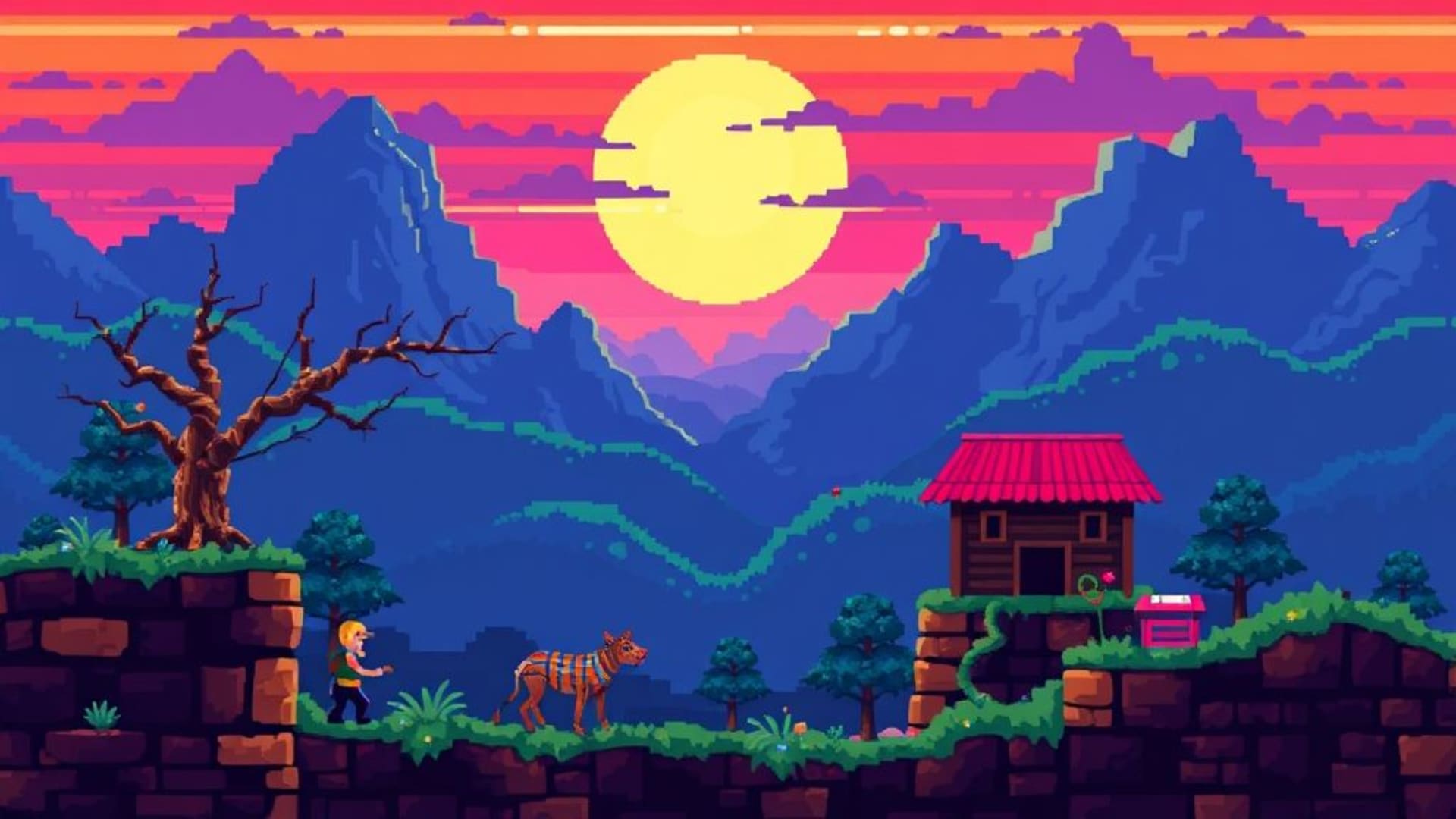 pixel art retro video game scenery colorful 8-bit wallpaper nostalgic