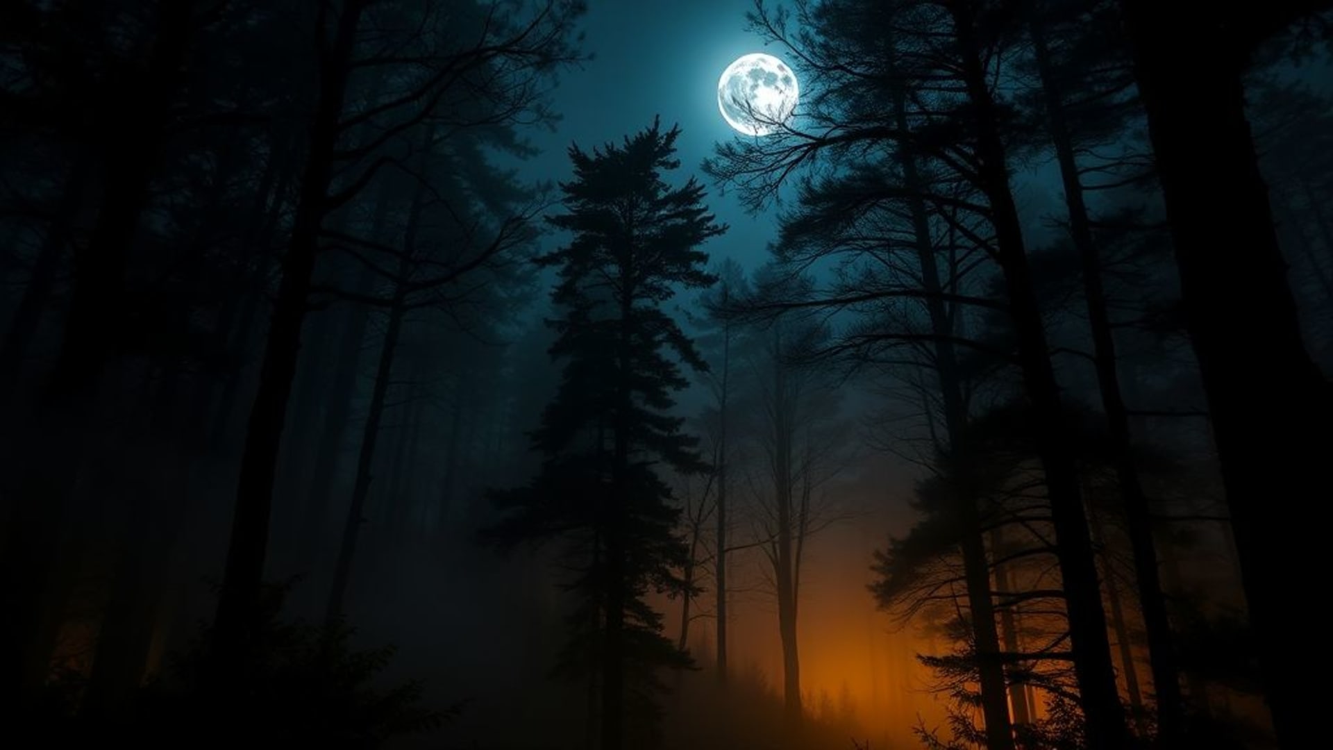 forest moonlight canopy silhouettes mist magical wallpaper enchanted nature night glow