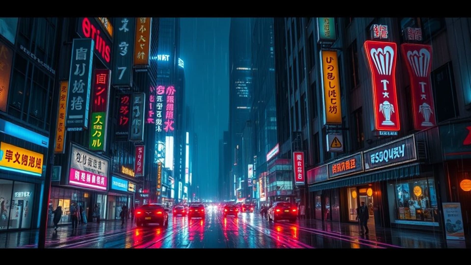 cyberpunk city at night rain neon signs holographic reflections wallpaper