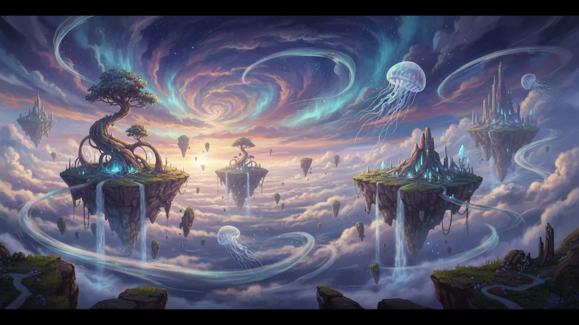 paysage onirique surréaliste art fantastique ciel îles nuages éthéré ambiance fantastique fond d'écran imagination