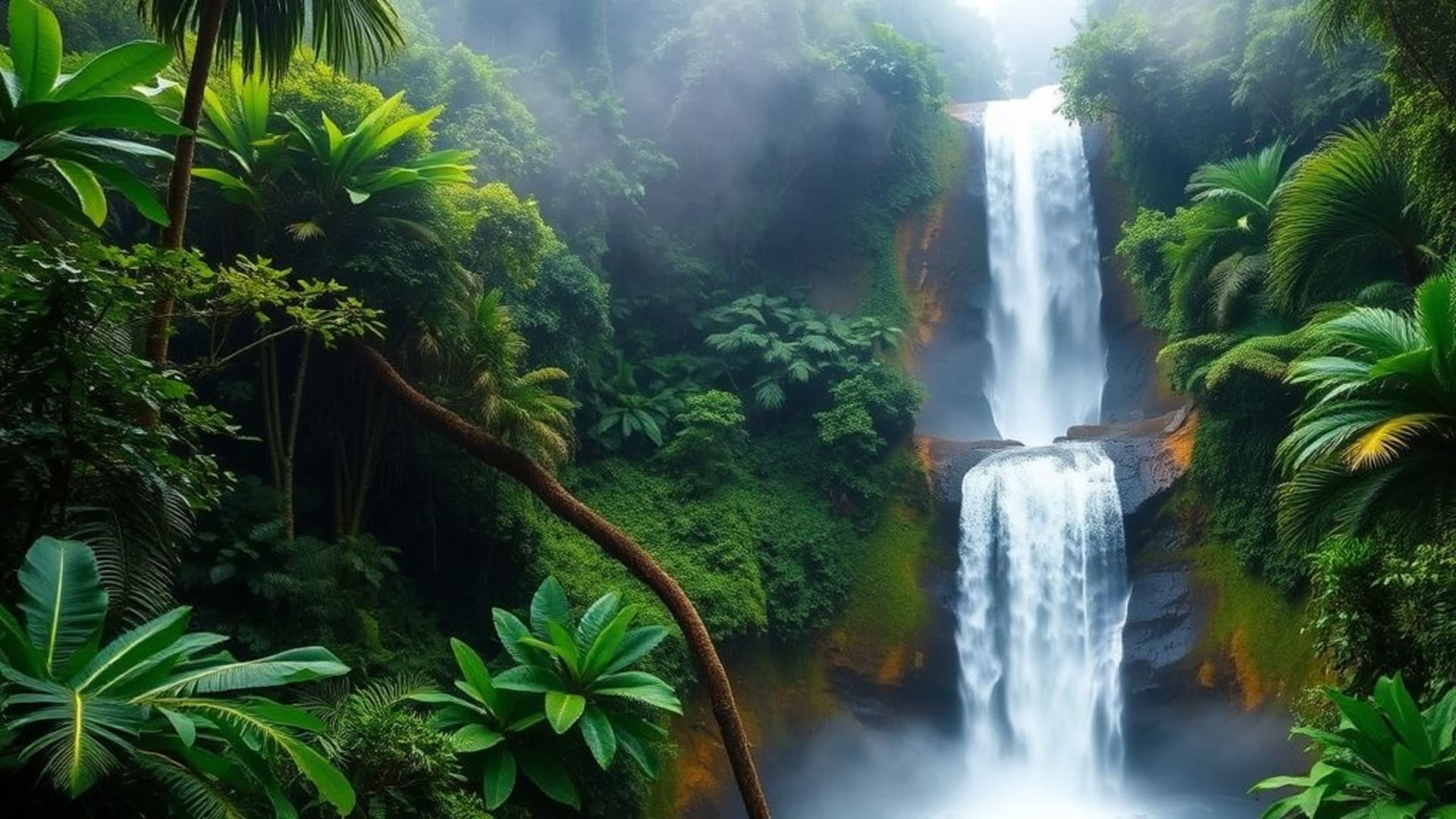 rainforest waterfall jungle mist green foliage tropical wallpaper exotic nature