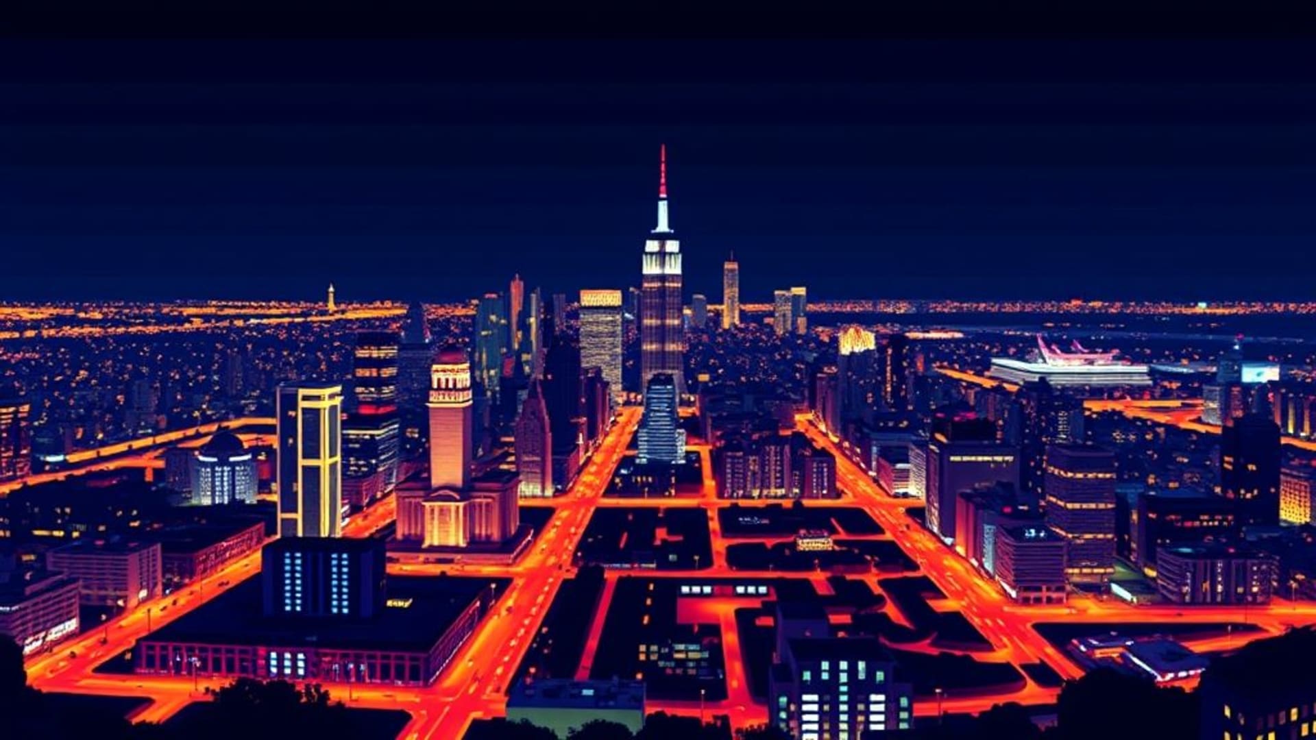raster pixel art city night skyline glowing grid streets wallpaper