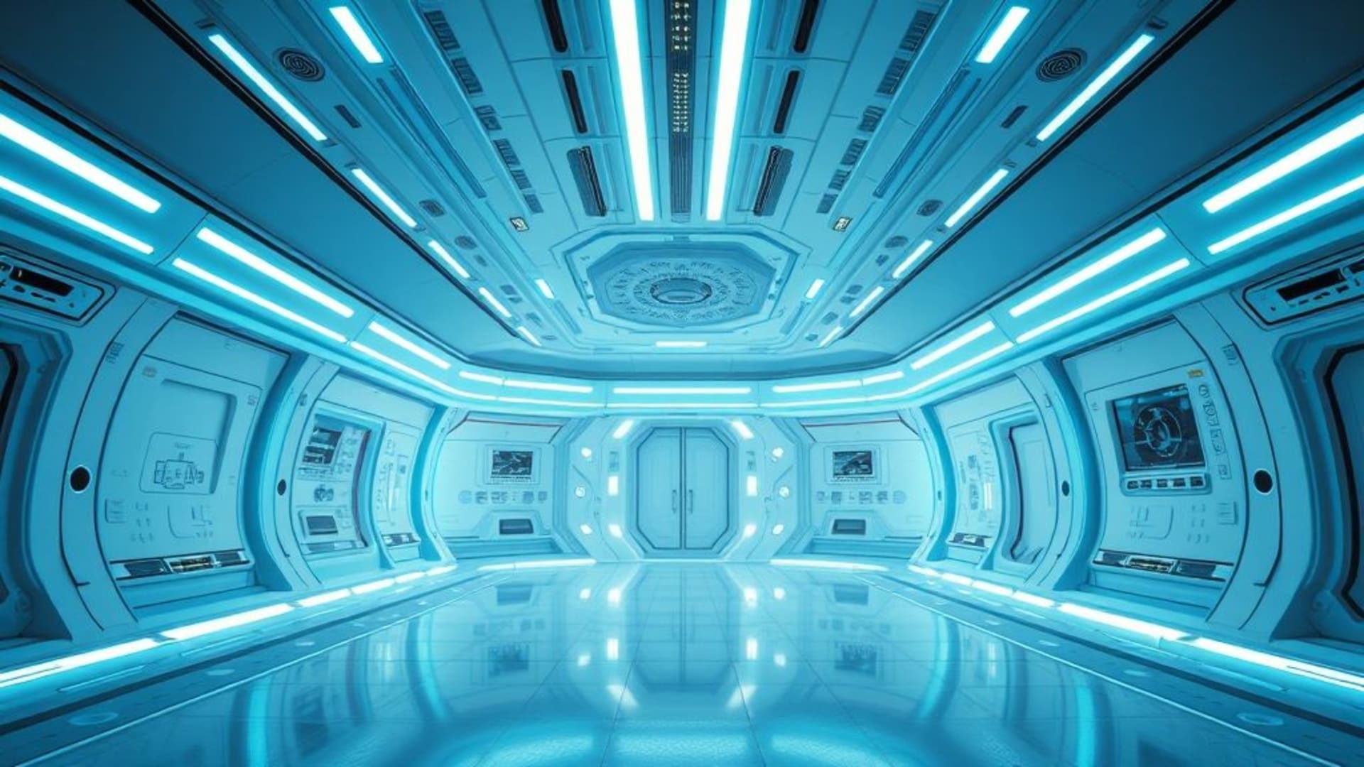 space station interior futuristic minimal sci-fi wallpaper clean lines blue glow