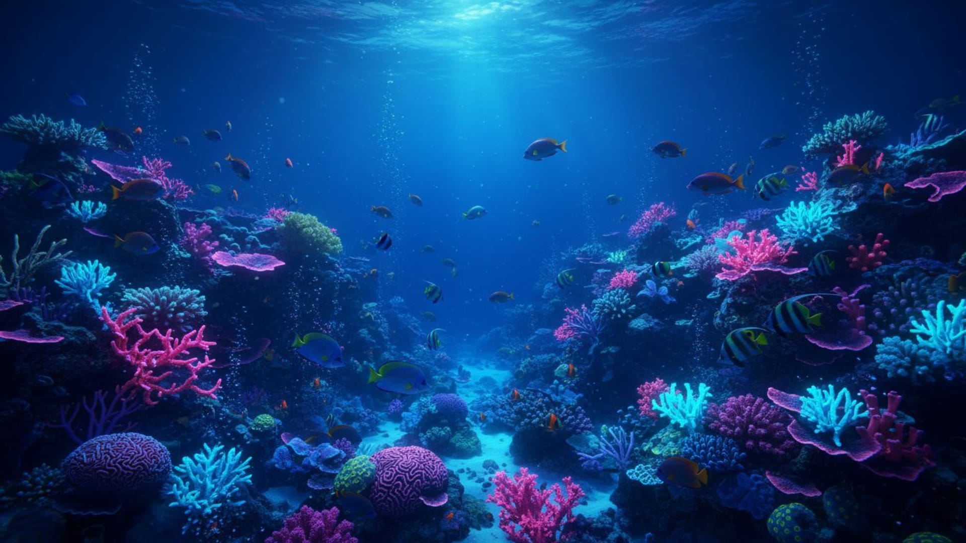 Ce fond d'écran représente un océan profond avec un récif corallien et des poissons tropicaux, et une lueur néon bleu, rose et cyan.