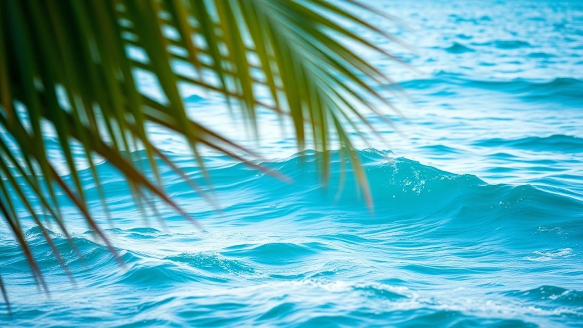 ocean waves macro closeup tropical palm leaves tranquil blue teal gradient