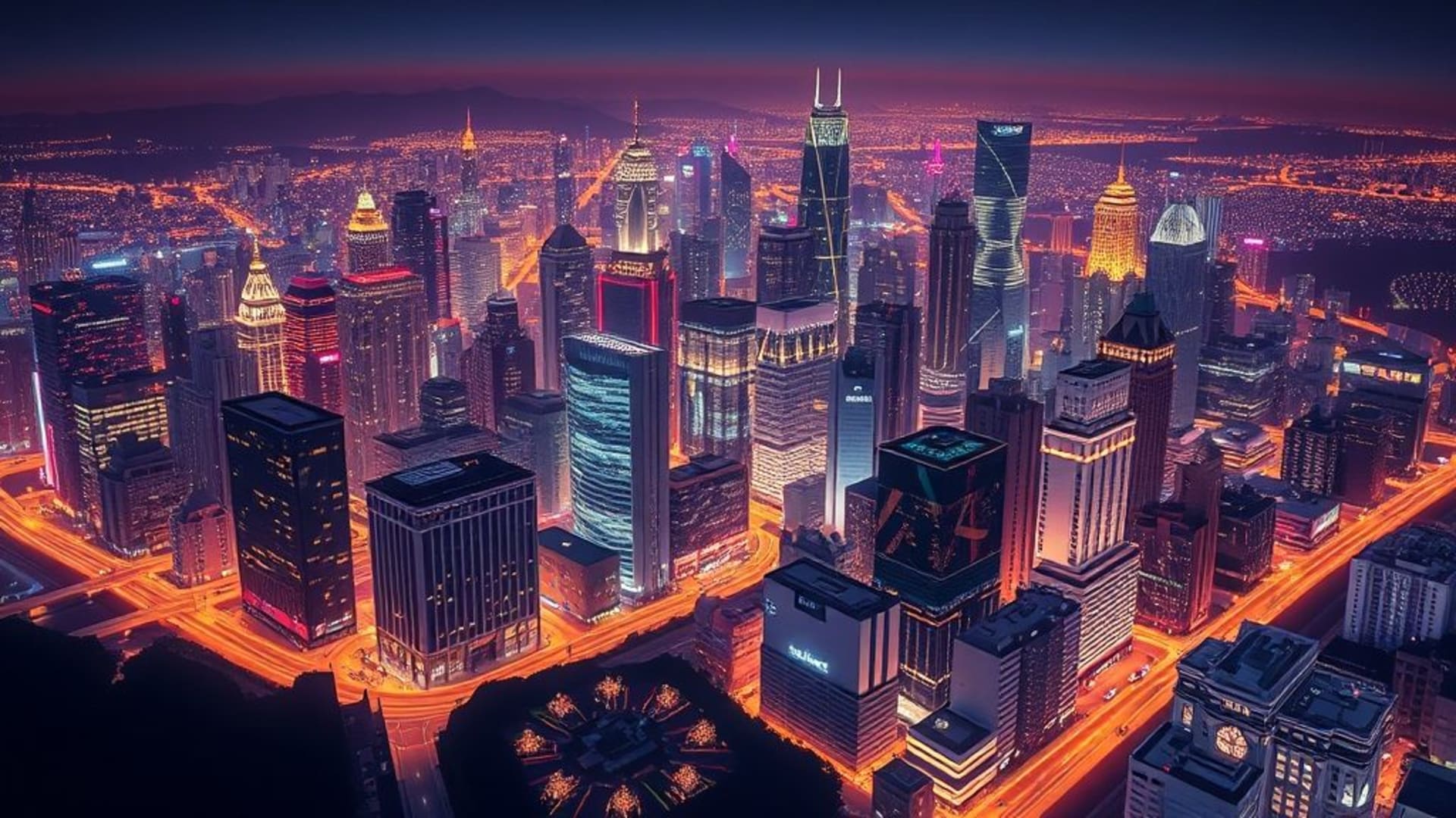 isometric cityscape night lights urban skyline neon reflections futuristic wallpaper