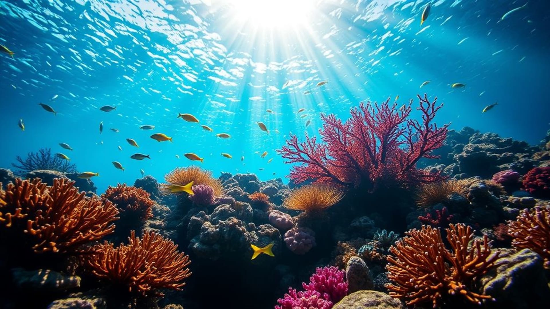 underwater reef coral fish sunlight rays blue turquoise dreamy wallpaper