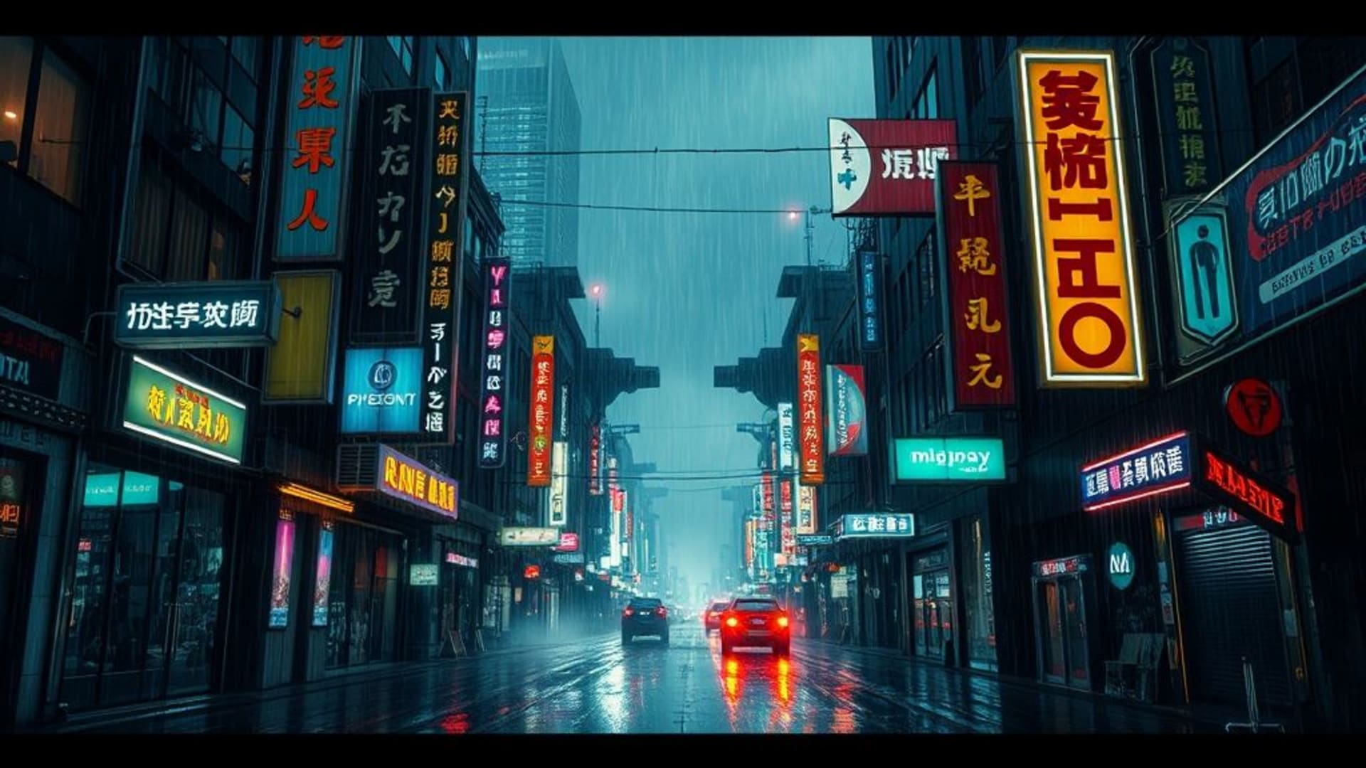 cyberpunk metropolis rain neon signs grid dark moody wallpaper futuristic streets