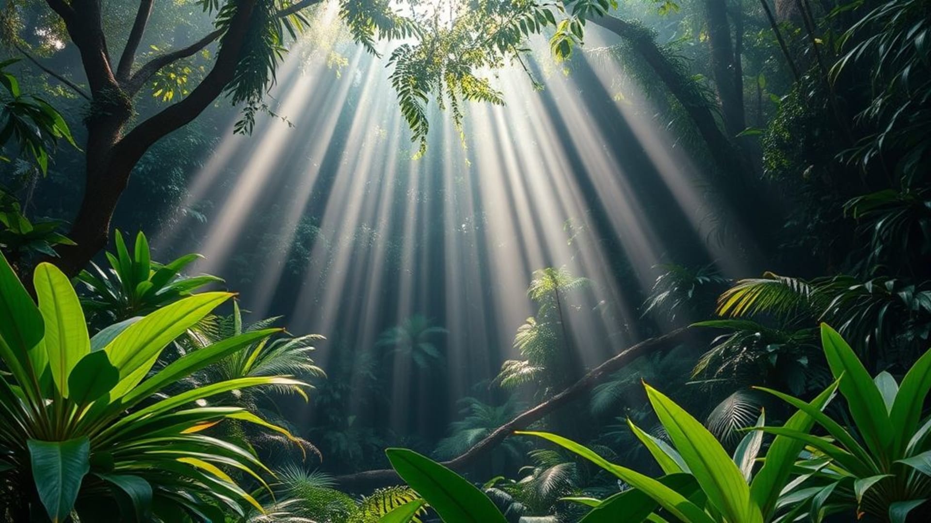La brume de la forêt tropicale, la lumière du soleil filtre à travers les feuilles luxuriantes, l'humidité, le vert vibrant, le fond ecran