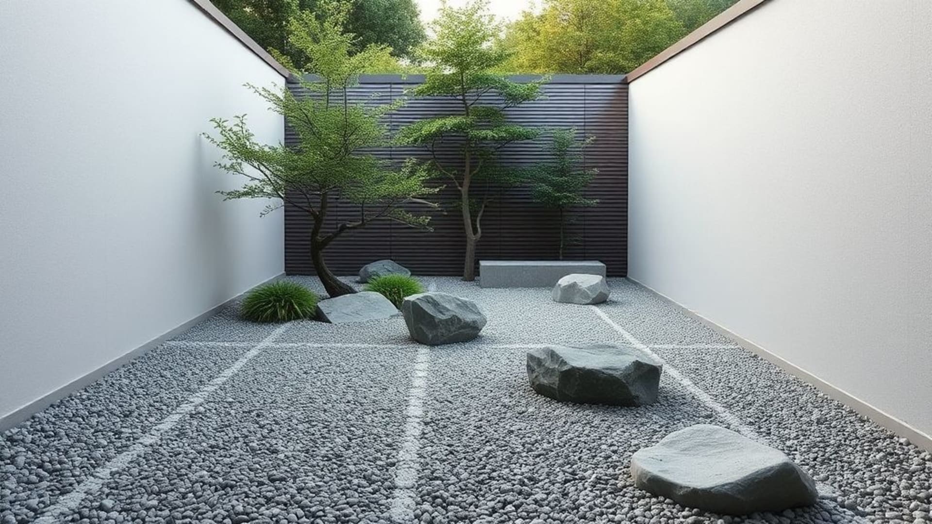 jardin zen gravier ratissé lignes pierres minimal calme fond d'écran architecture équilibre