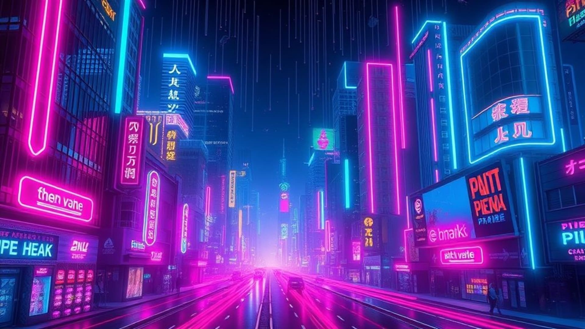 Grille au néon rétro lueur cyberpunk paysage urbain nocturne fond d'écran couleurs synthétiques futuristes art numérique