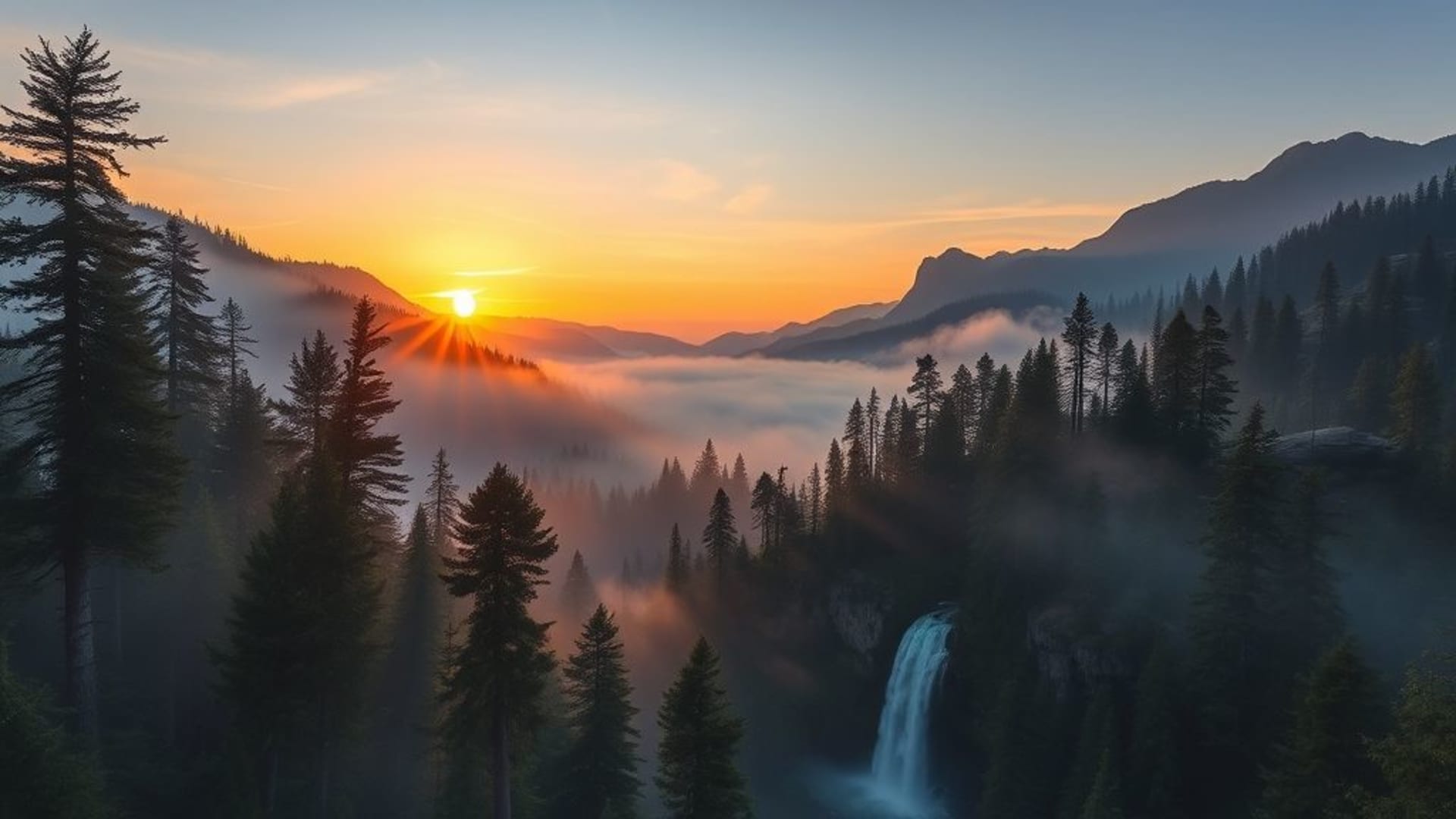 forêt brumeuse nature lever de soleil montagnes lacs cascade fond d'écran photo réaliste 4k