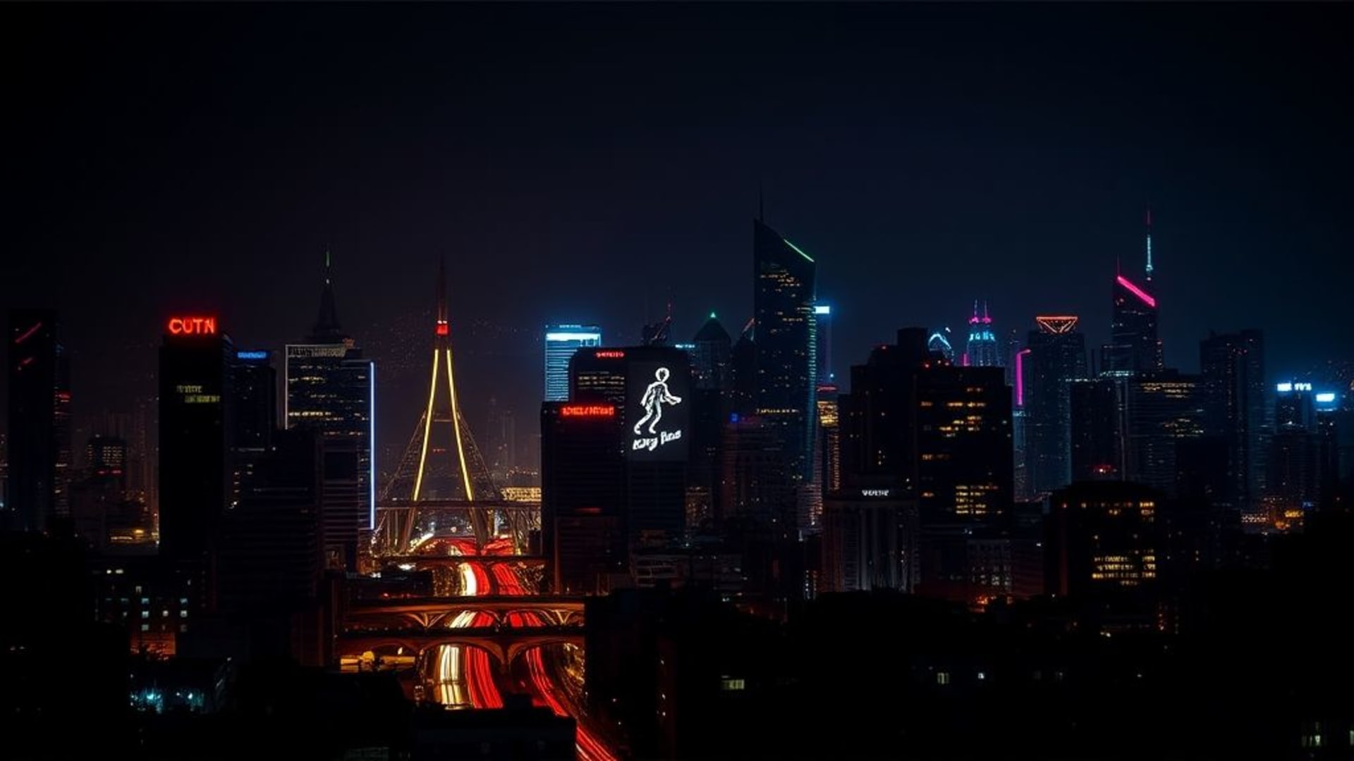 paysage urbain de nuit avec skyline éclairé, fond d'écran rétro futuriste, cinématographique noir