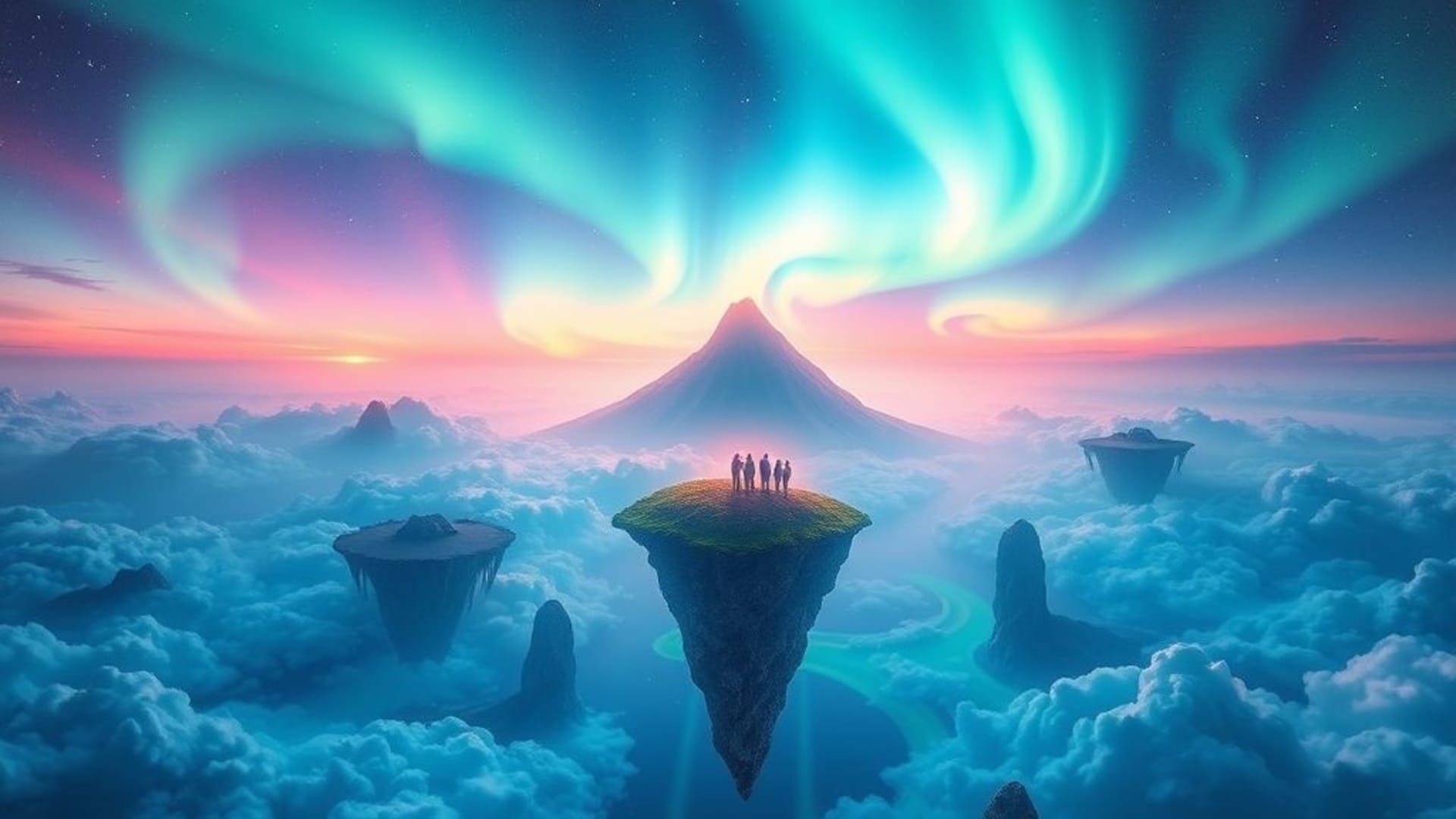 Paysage de rêve surréaliste de fantasy avec des îles flottantes, dégradés d'aurore, fond d'écran haute résolution