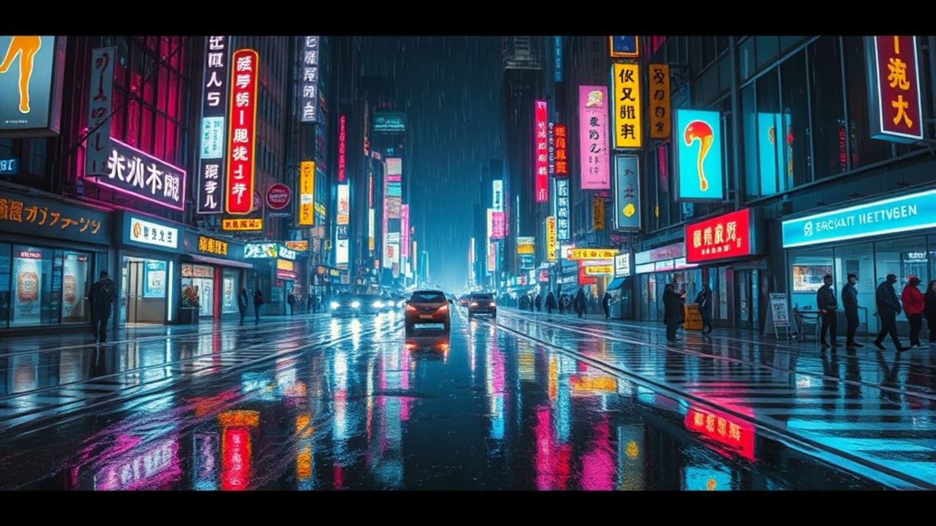ville cyberpunk pluie néon réflexions enseignes holographiques fond ecran rues mouillées
