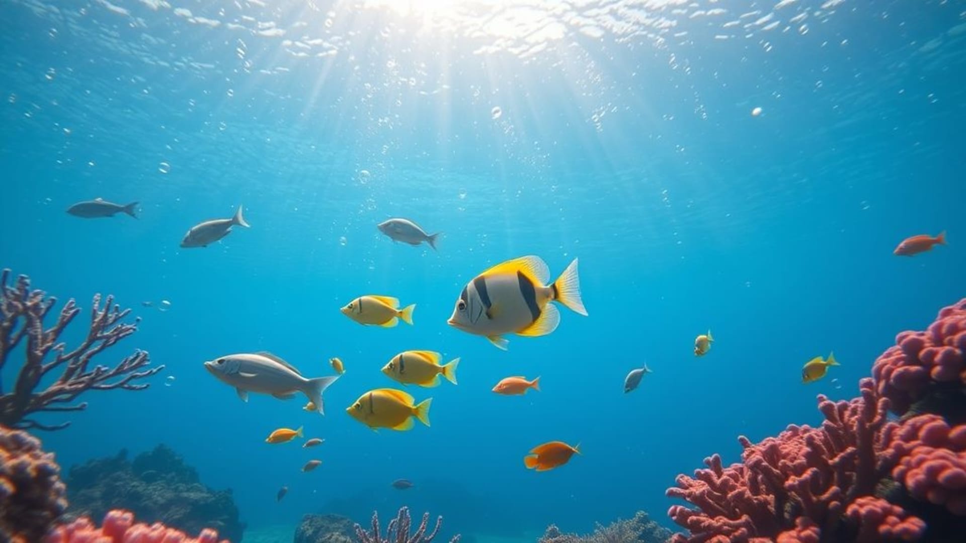 Récif sous-marin poissons tropicaux corail bulles paisible fond ecran océan bleu