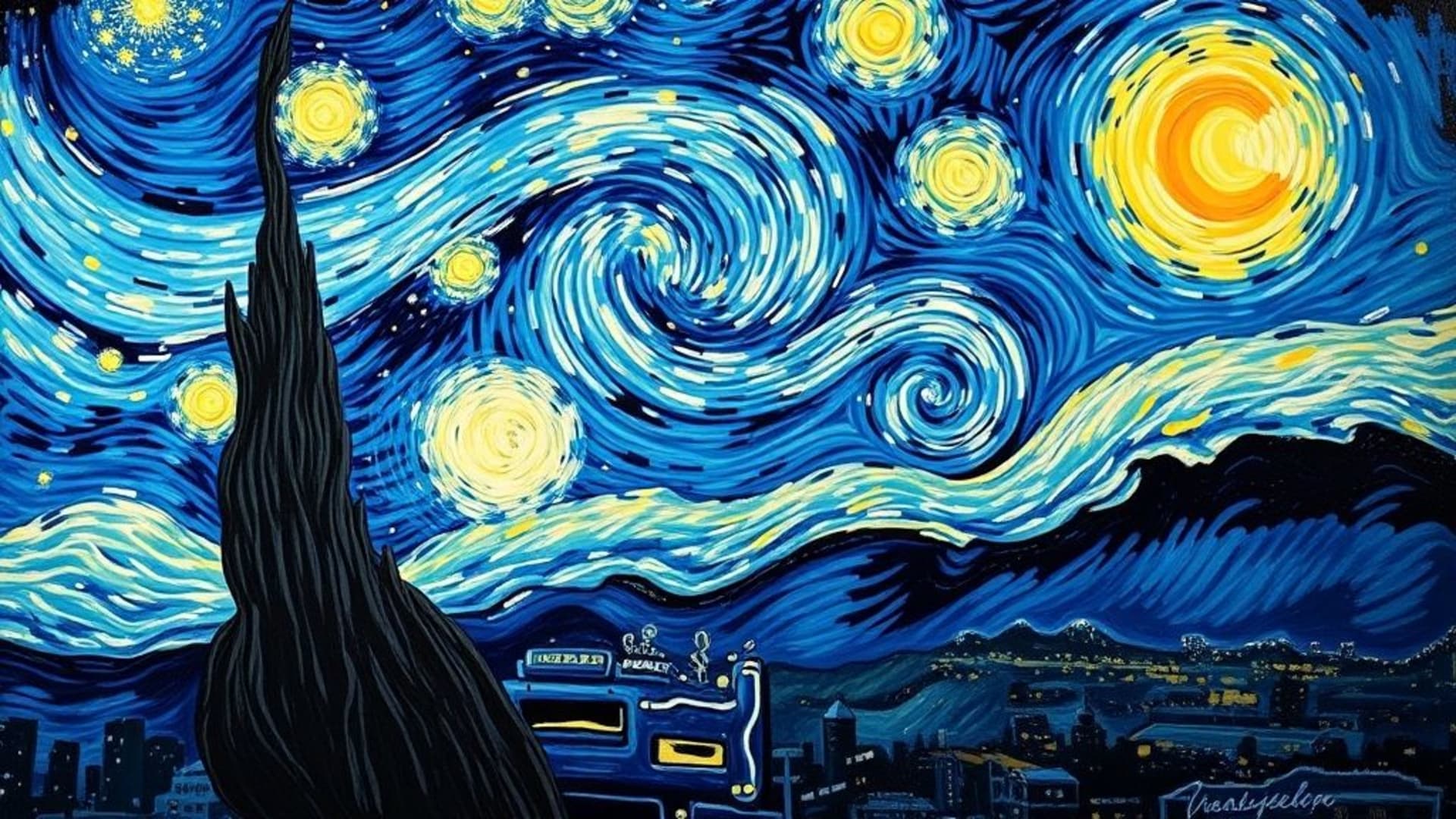 fond ecran d'art néo-impressionniste de nuit étoilée façon van Gogh tourbillons coups de pinceau