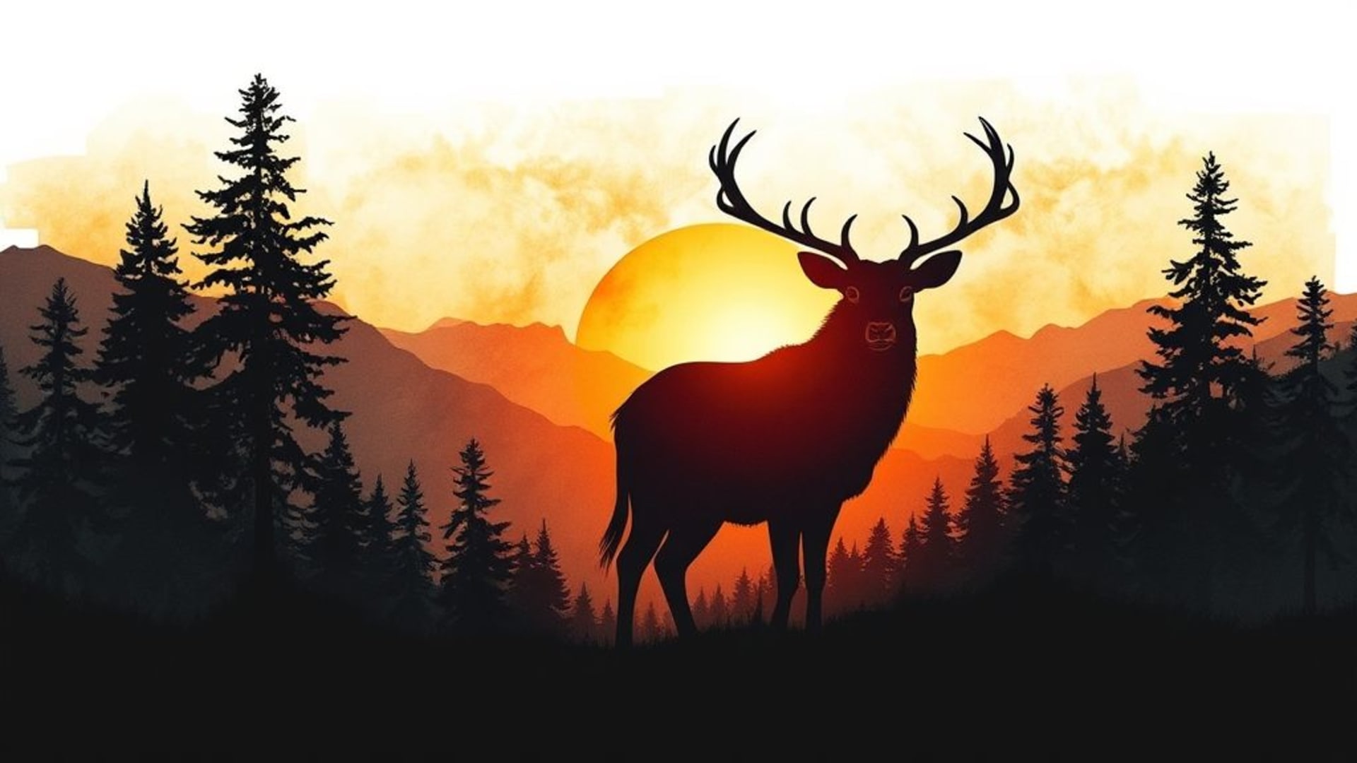 Silhouette d'animal silhouettes de forêt coucher de soleil paysage aquarelle fond ecran montagnes doré