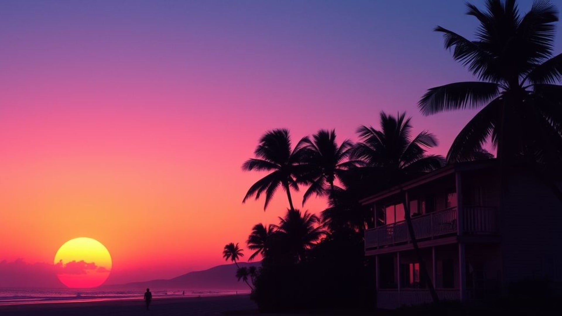 synthwave vintage rétro des années 80 et 90 coucher de soleil palmiers fond néon