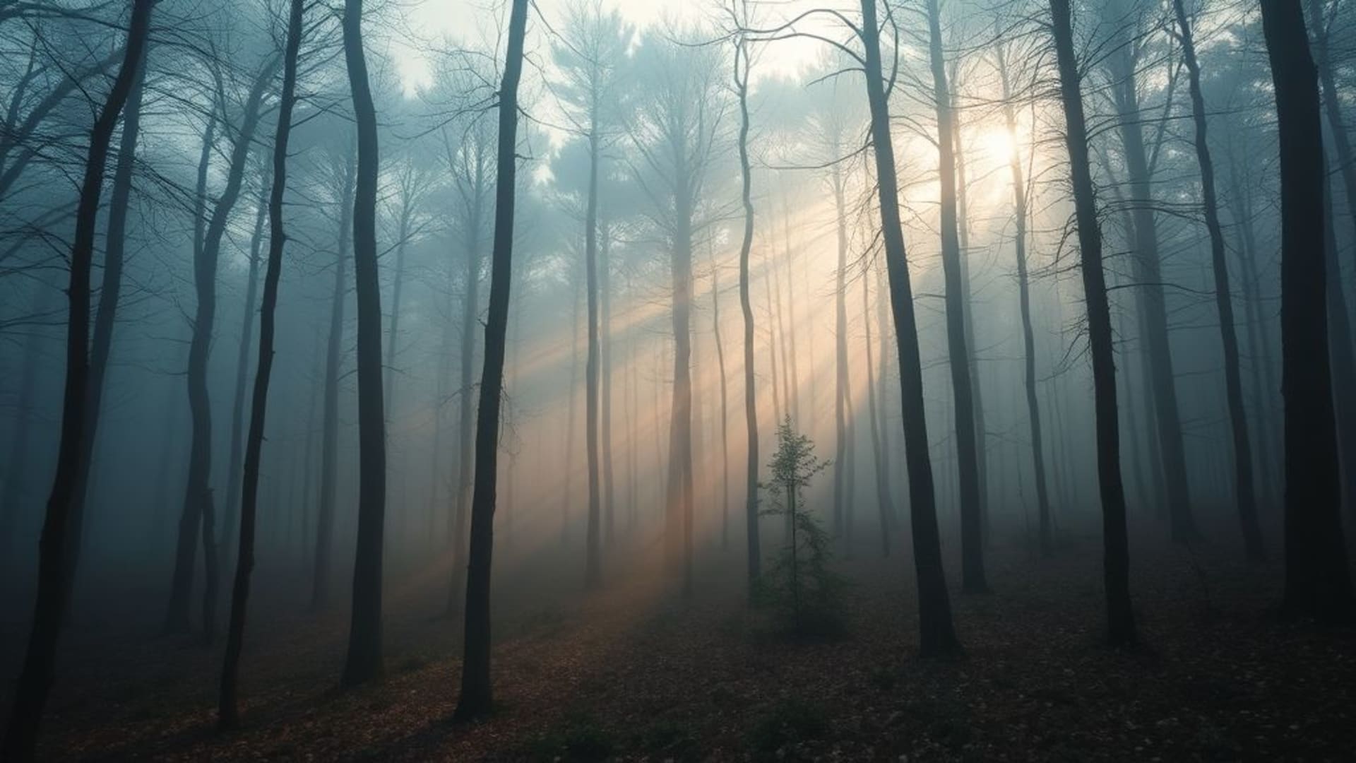 brouillard de forêt lumière du matin rayons de soleil douceur fond ecran ambiance paisible confortable