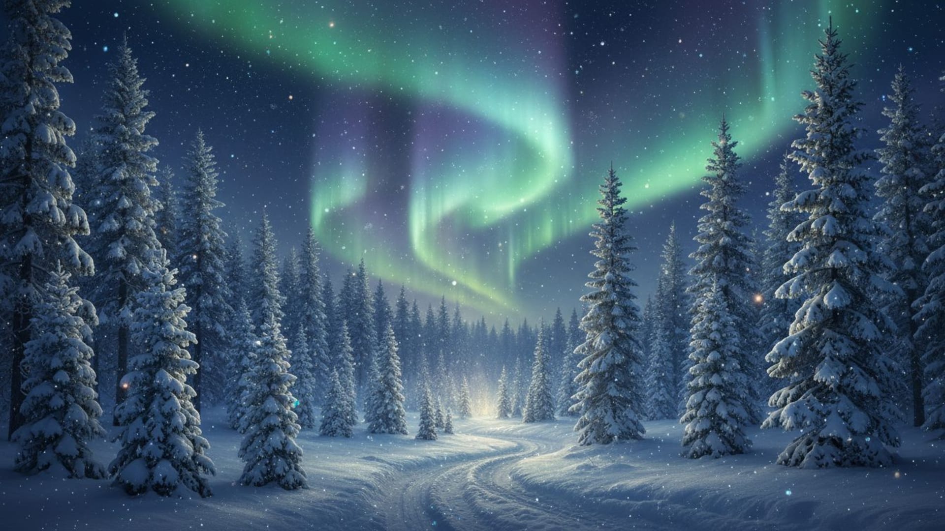 forêt d'aurore magique crépuscule scintillant particules scintillantes neige fond ecran soirée enchantée