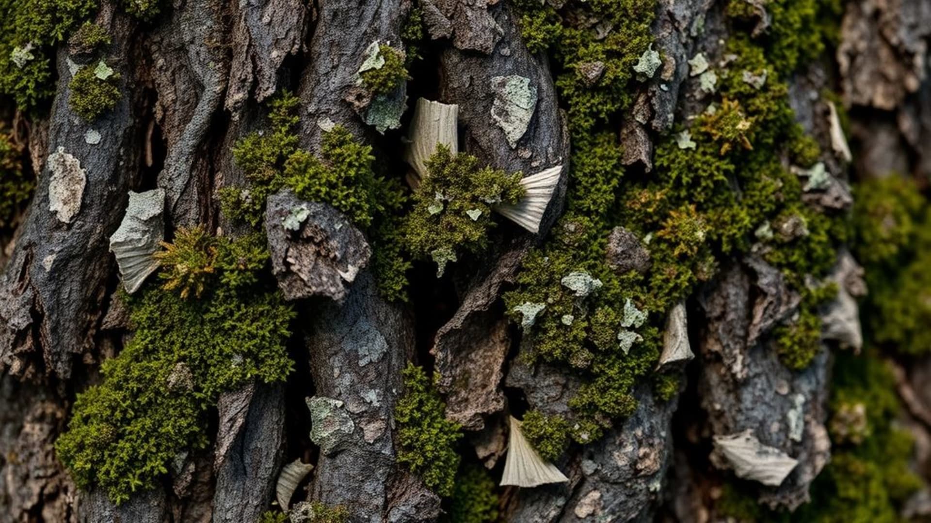 Texture macro gros plan d'écorce, lichens, mousses, fond ecran naturel, tons terreux