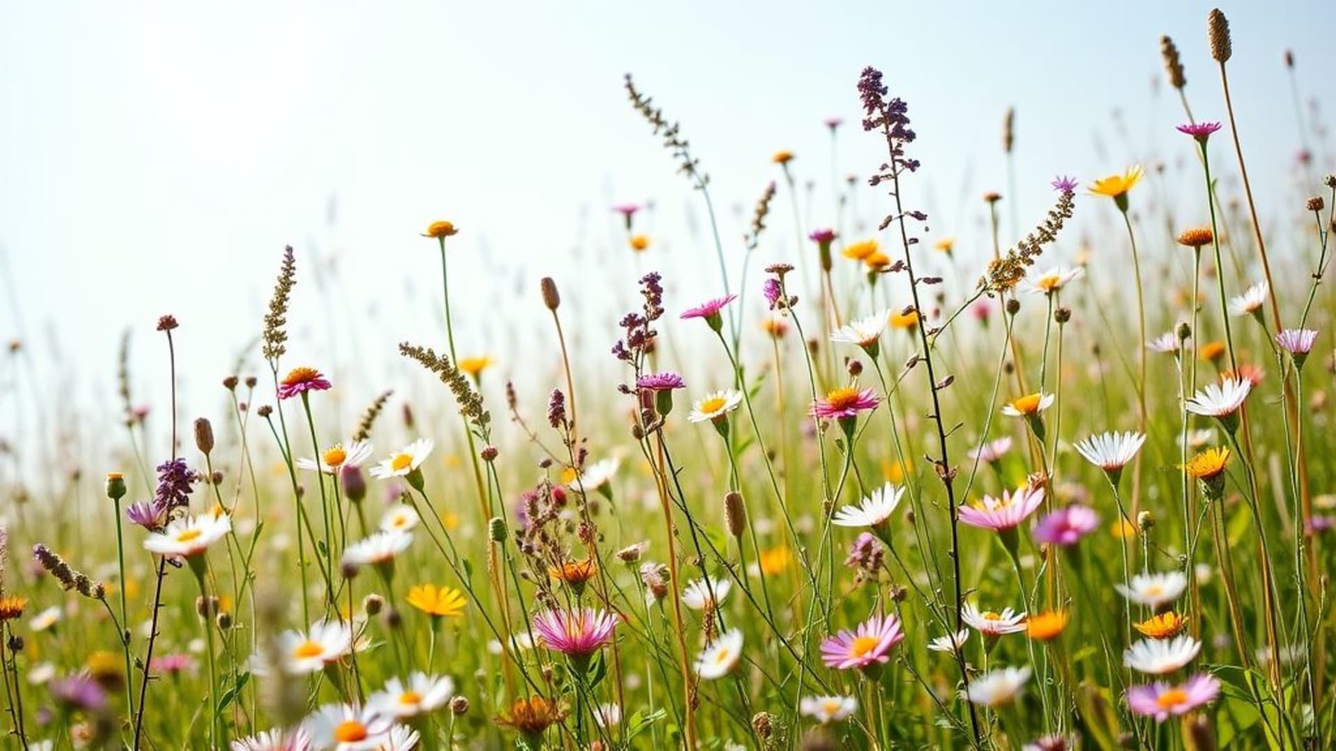 prairie de fleurs fleurs sauvages printemps brise fond ecran pastel ensoleillé lumière du jour doux