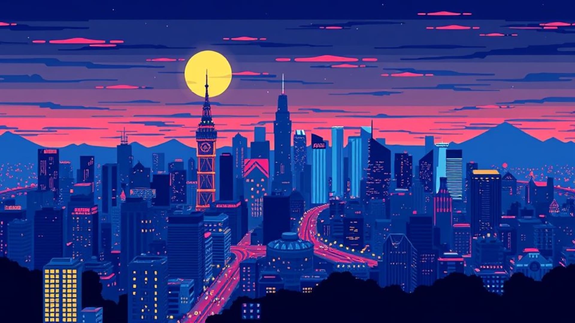 Paysage urbain en pixel art, coucher de soleil, horizon, arcade rétro, fond ecran aux couleurs vives