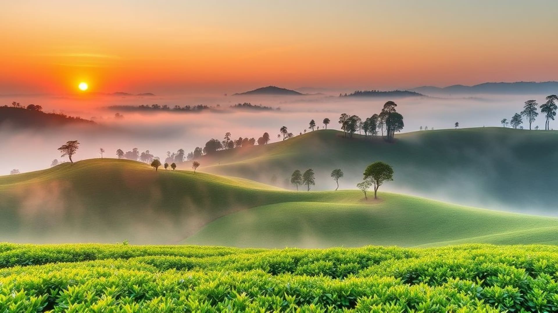 Paysage de plantation de thé brume, collines, lever de soleil, aquarelle, fond ecran, paisible, pittoresque, vert