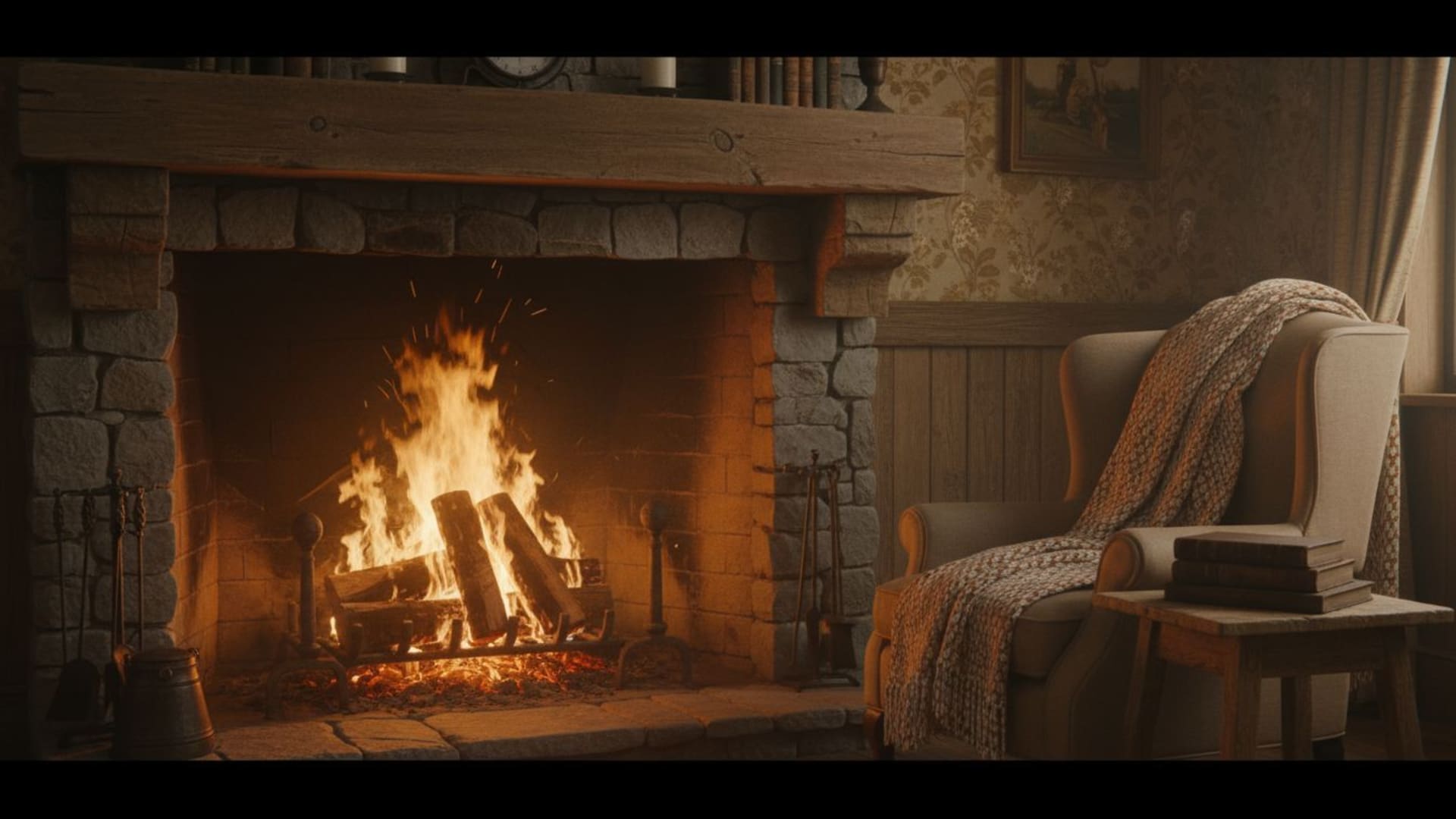 La lumière cinématographique du feu ambré éclaire les textures du bois, le foyer, l'atmosphère et le fond ecran cosy.